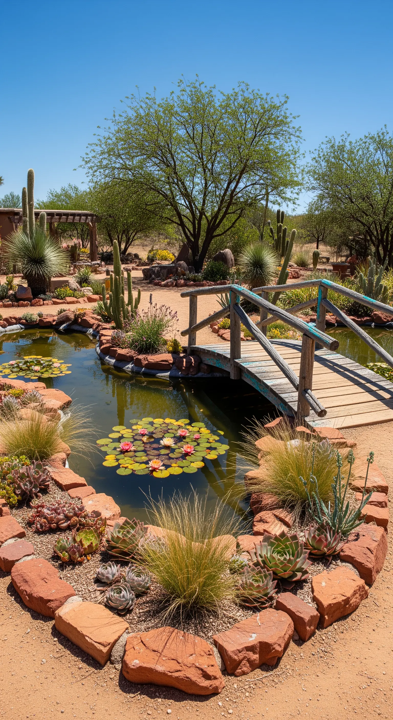 Laghetto in un giardino desertico con cactus, piante grasse e un ponte in legno rustico