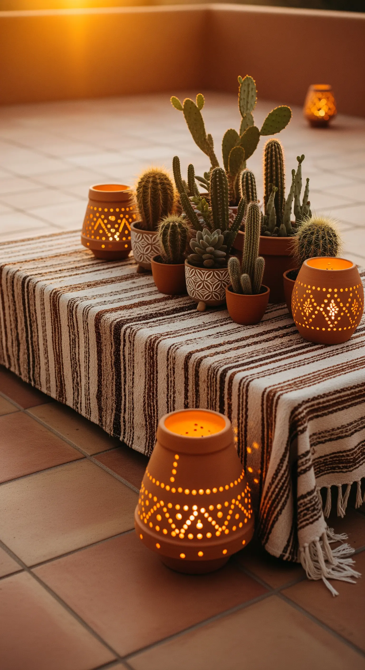 Centrotavola con cactus in vasi di terracotta e lanterne intagliate.