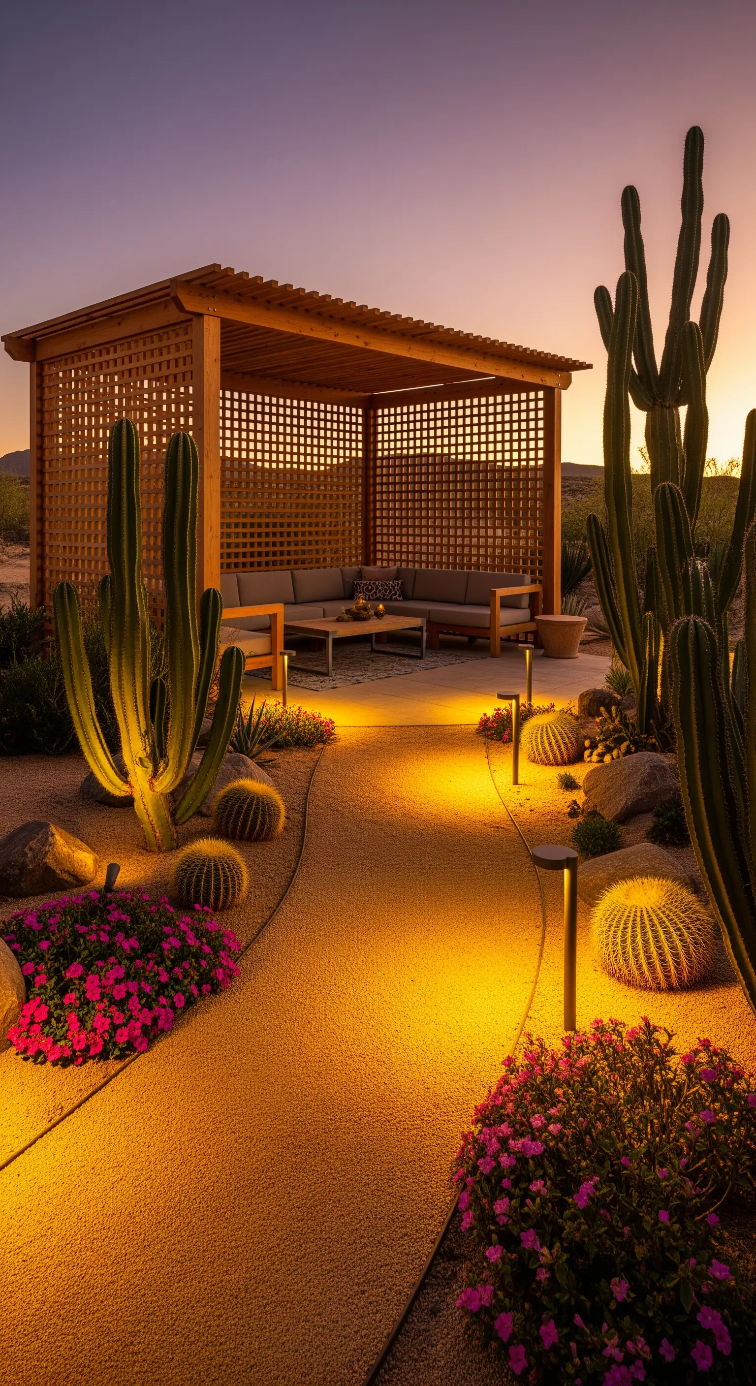 Pergolato a griglia in legno in un giardino desertico con cactus, illuminato da faretti al tramonto.