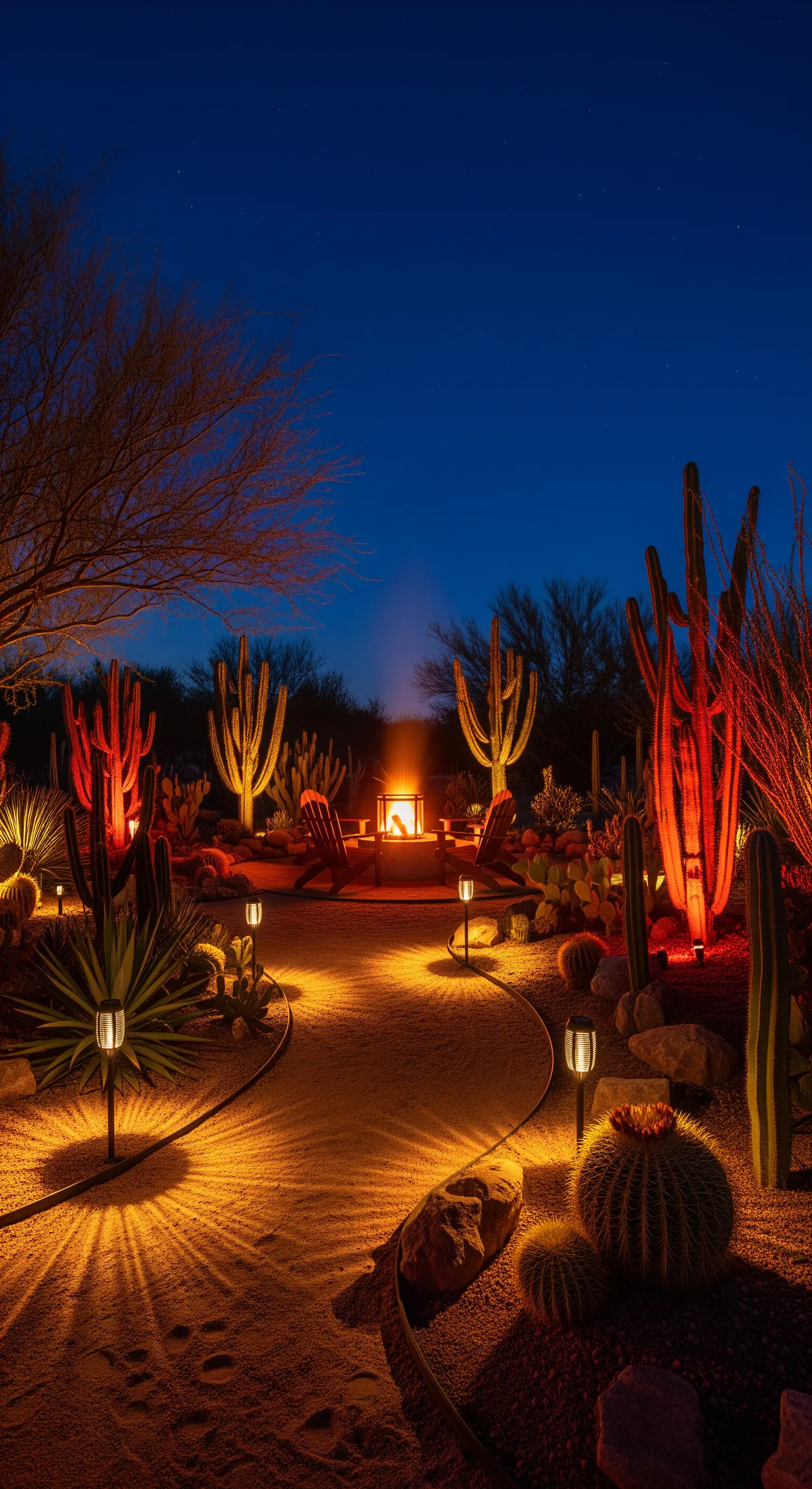 Giardino desertico di notte con cactus illuminati di rosso, lampioncini solari e un braciere.