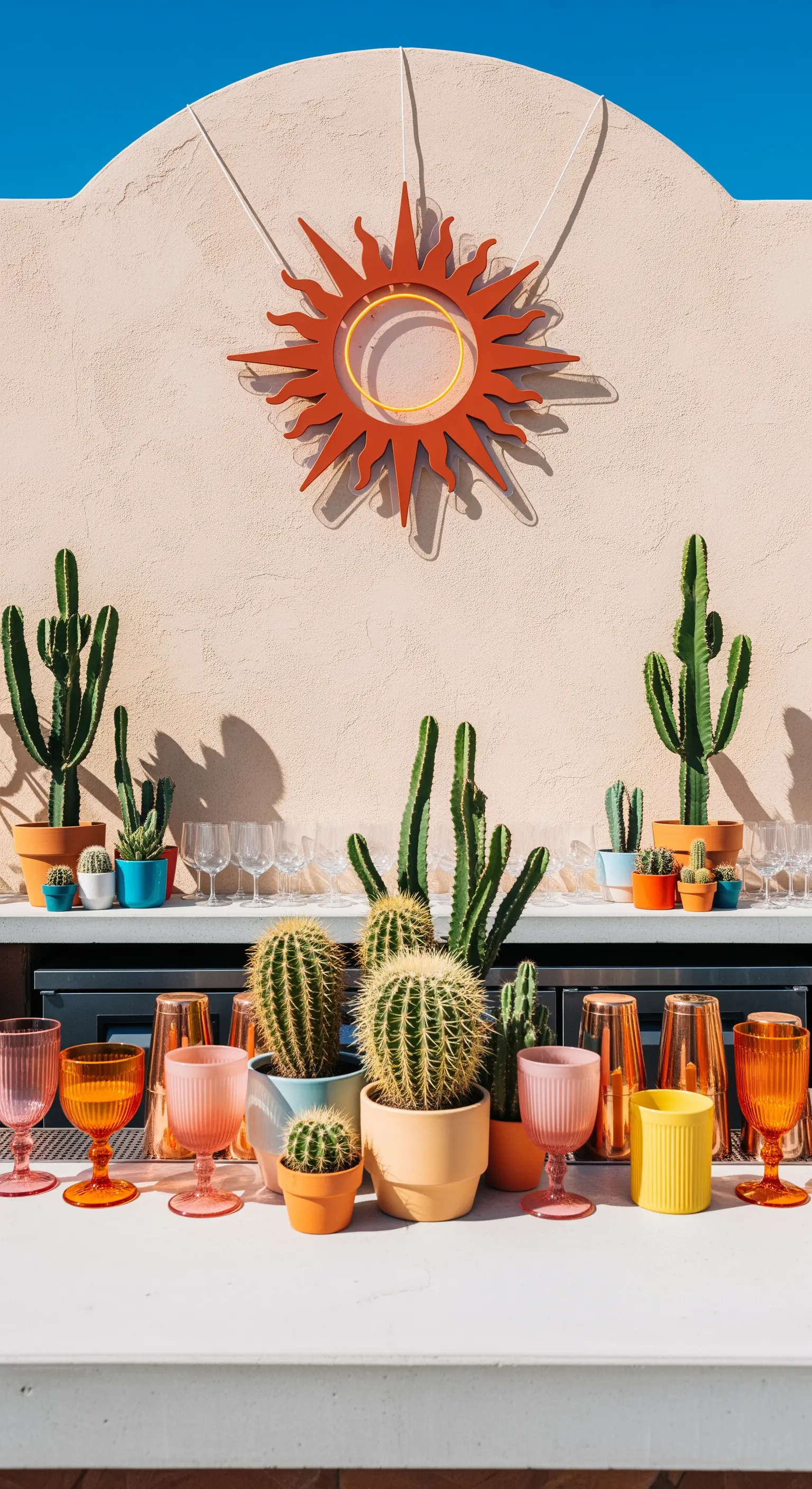 Bar all'aperto con neon a forma di sole, cactus e bicchieri colorati nei toni del tramonto.