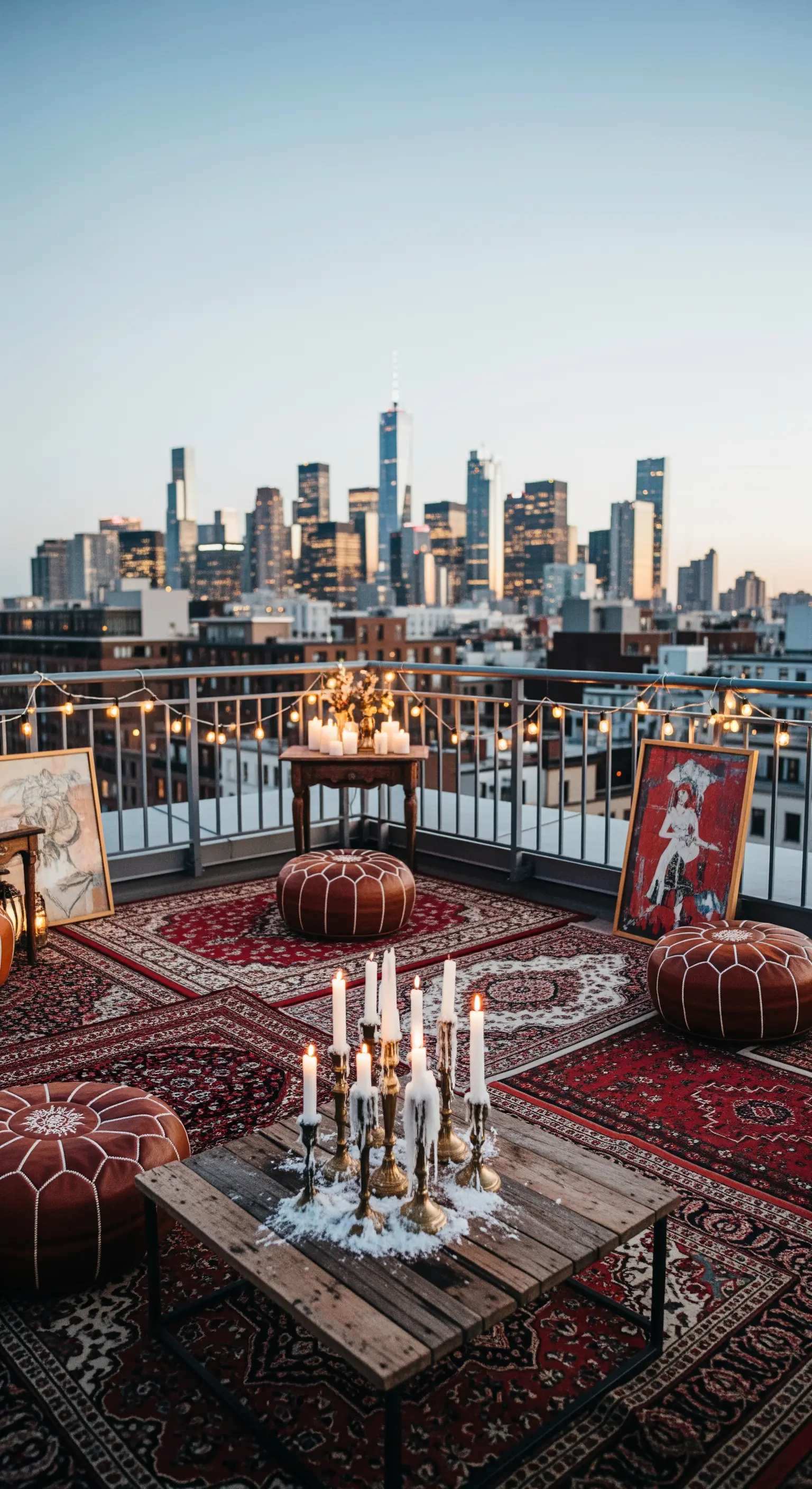 Rooftop allestito con tappeti persiani sovrapposti, pouf in pelle e candelabri.