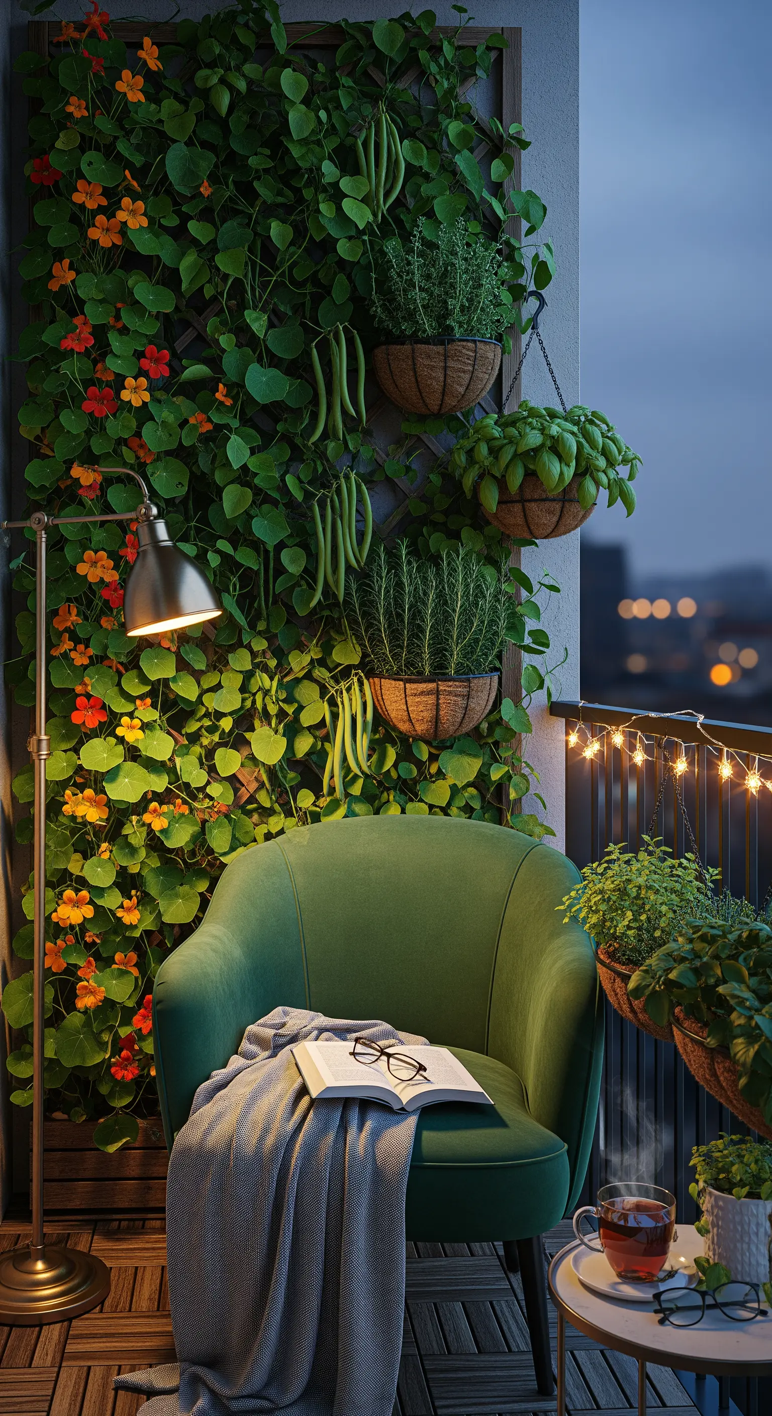 Angolo lettura serale sul balcone con parete verde, poltrona e lampada da terra.