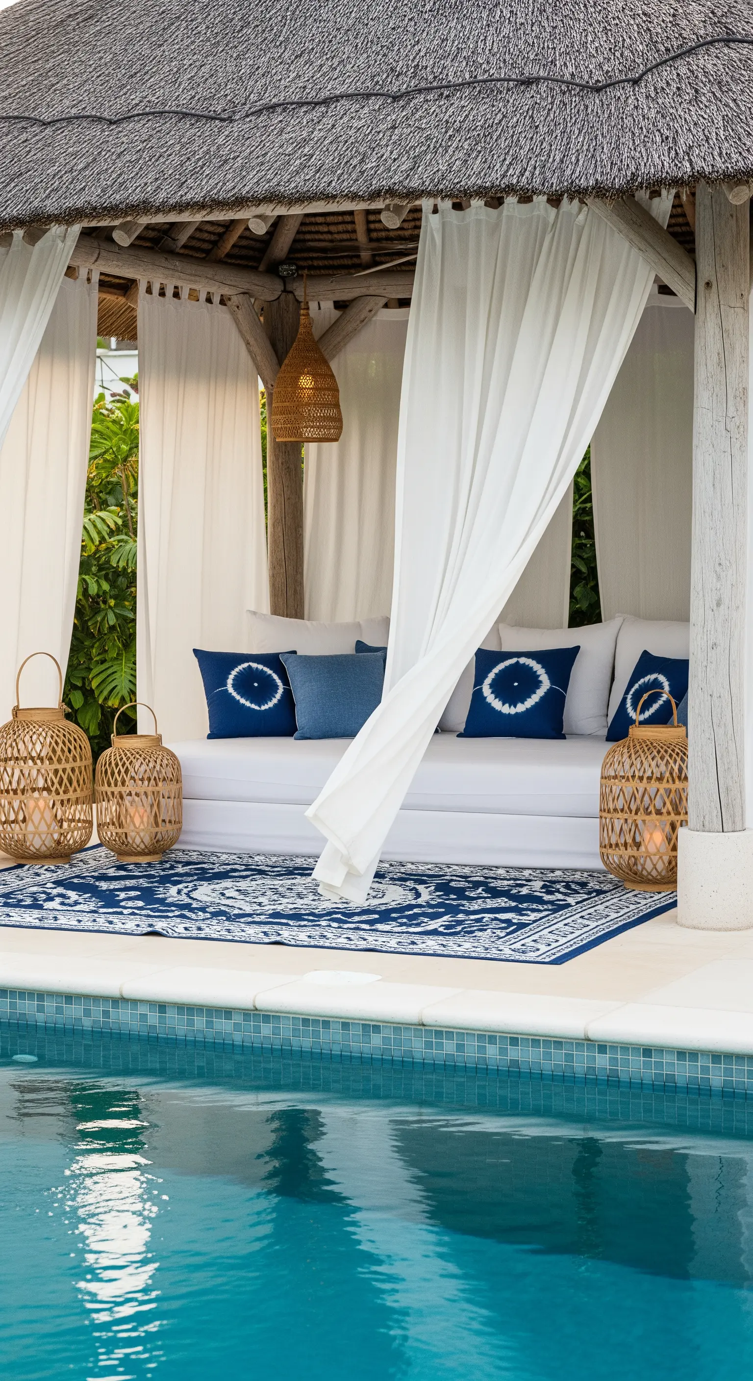 Gazebo a bordo piscina con tende bianche, divano bianco e cuscini blu indaco