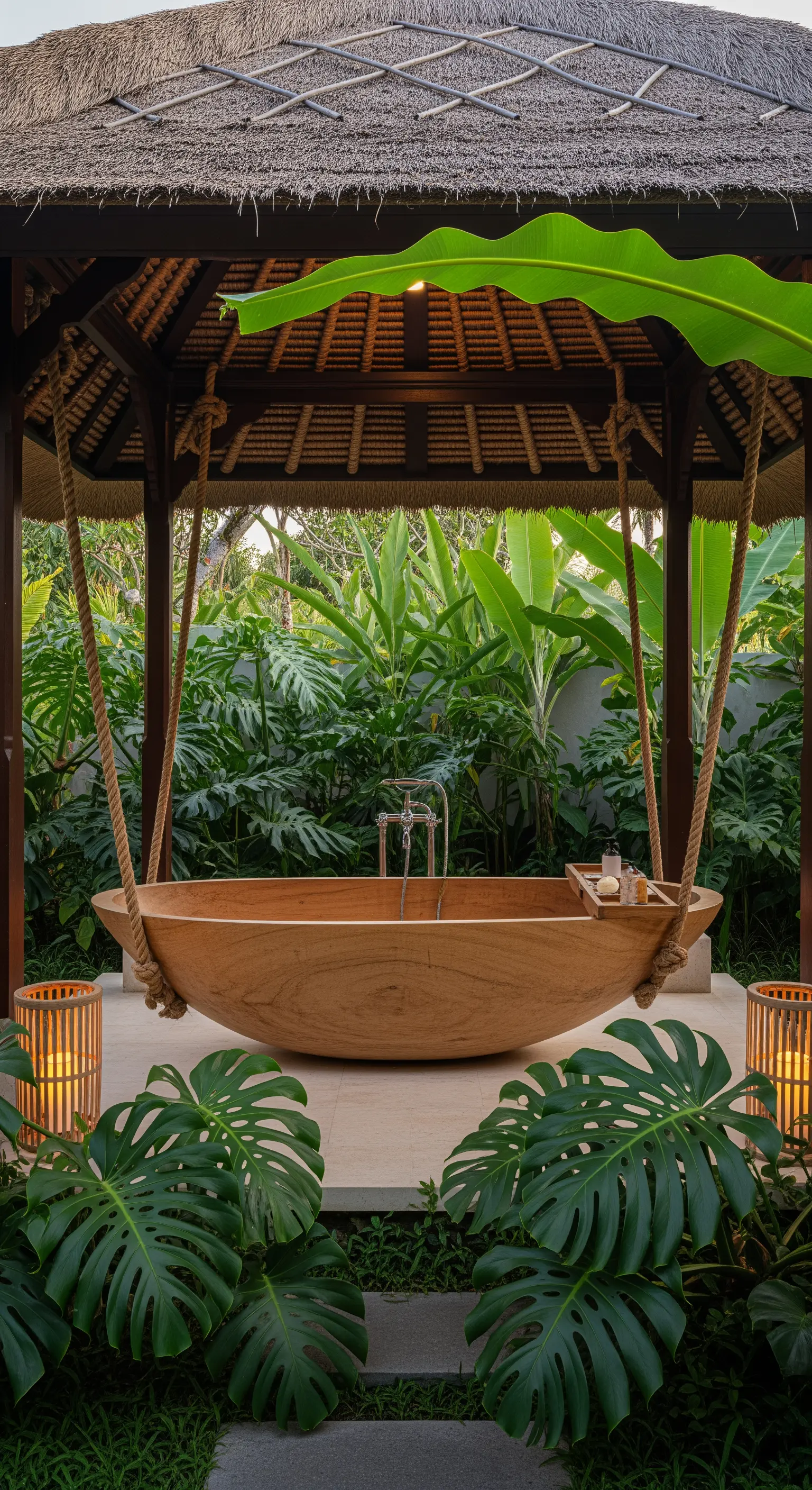 Vasca in legno sospesa sotto un gazebo in un giardino tropicale lussureggiante.