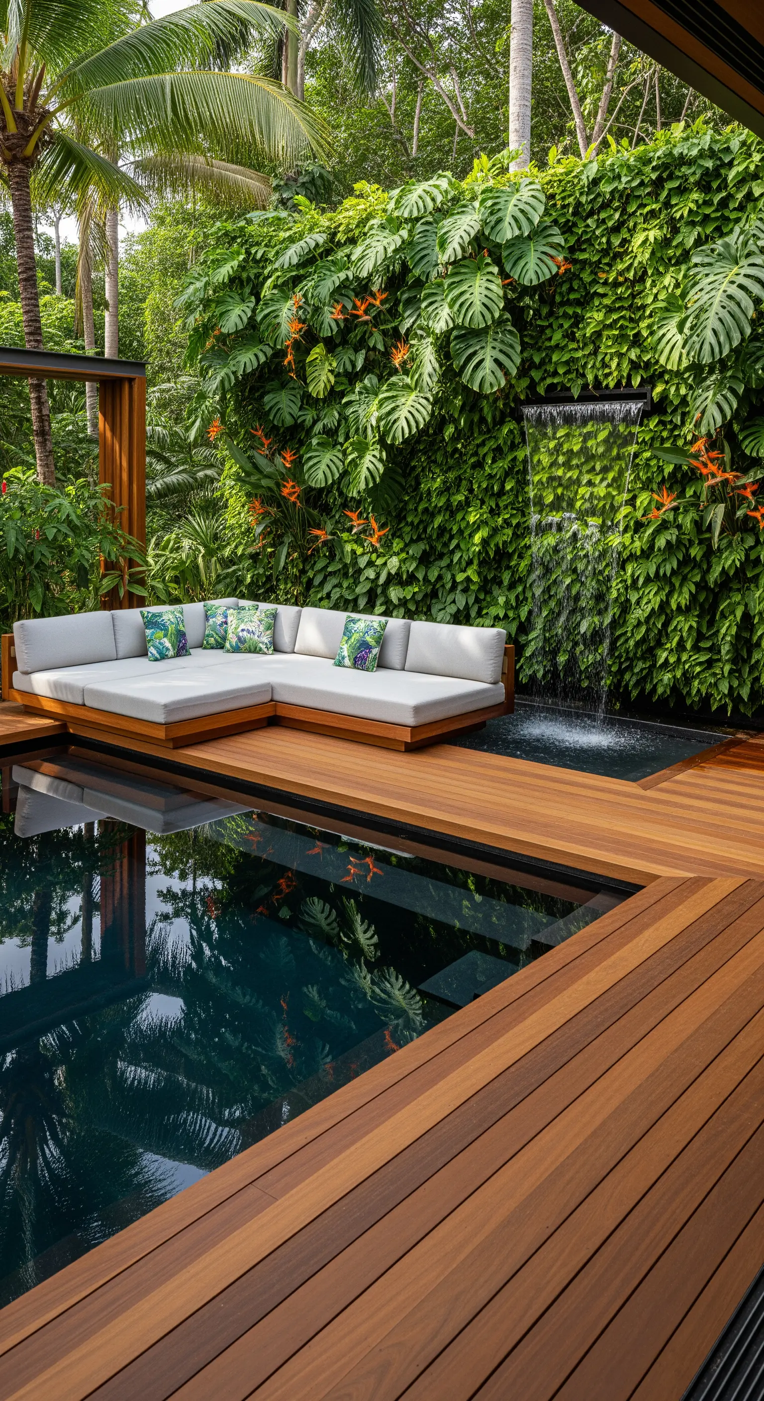 Piscina circondata da decking in legno, divano chiaro e parete verde con cascata.