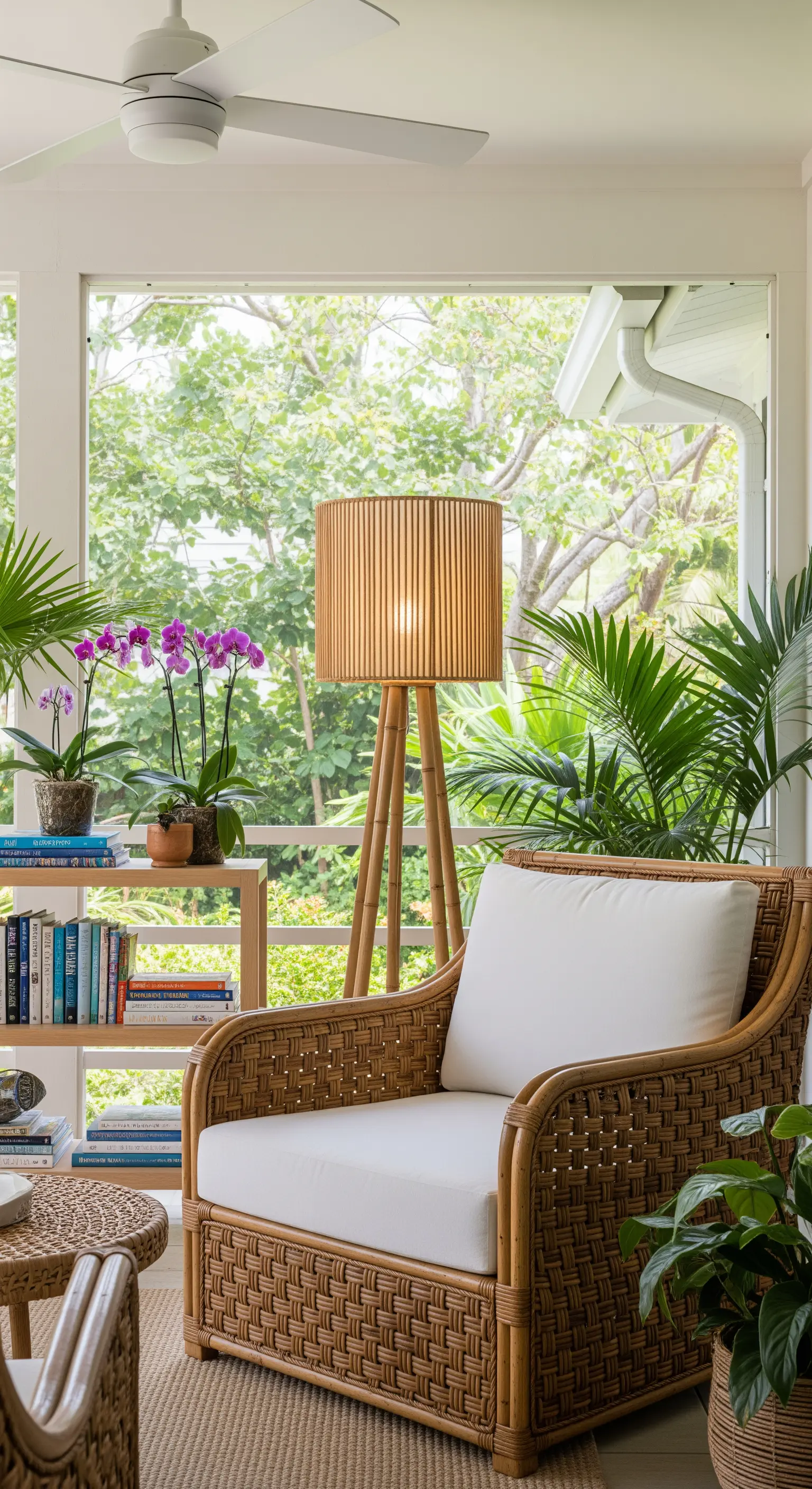 Poltrona in rattan in una veranda luminosa, circondata da piante tropicali.