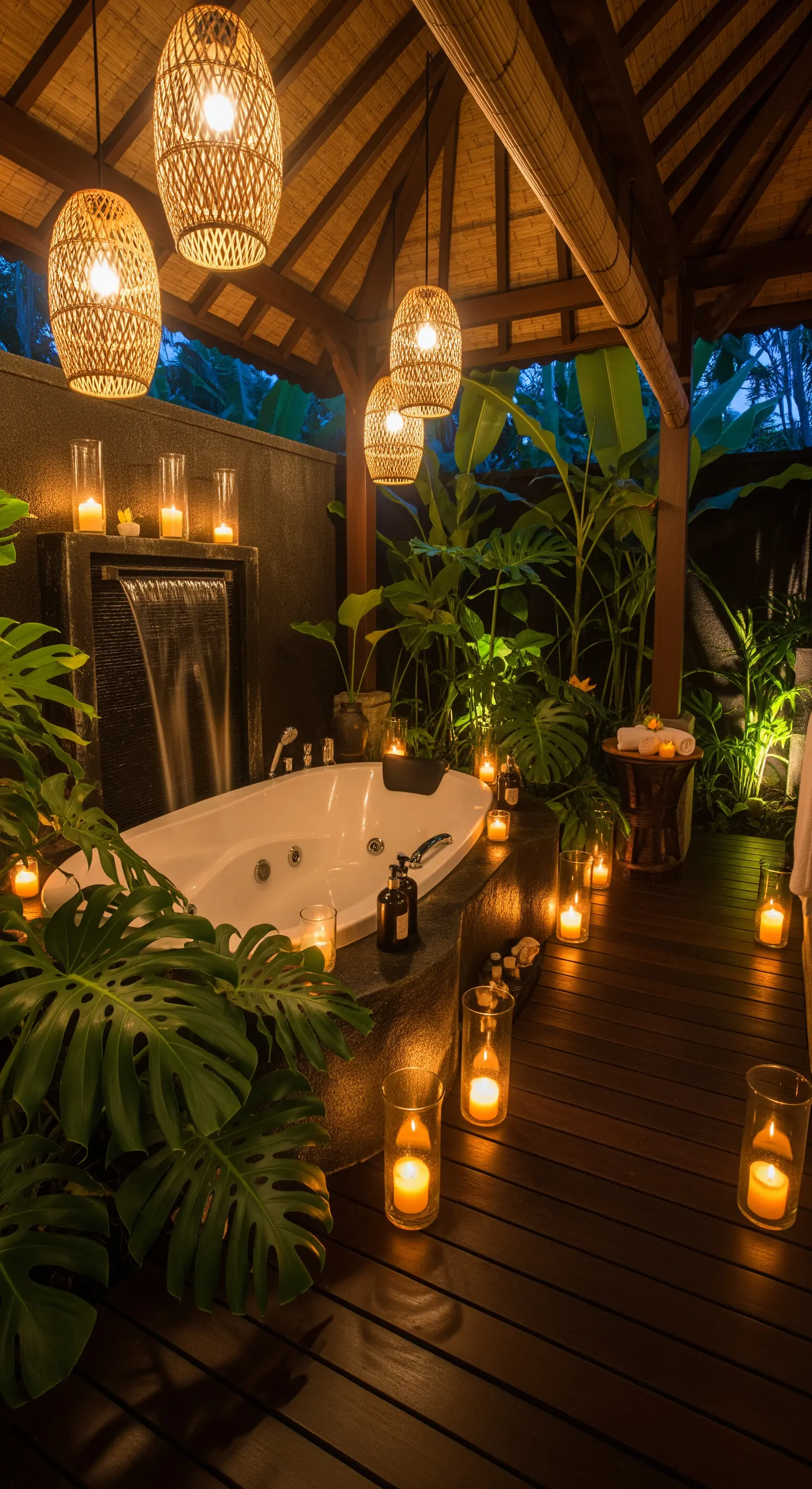 Vasca idromassaggio in un patio tropicale con lampade in rattan e piante rigogliose.