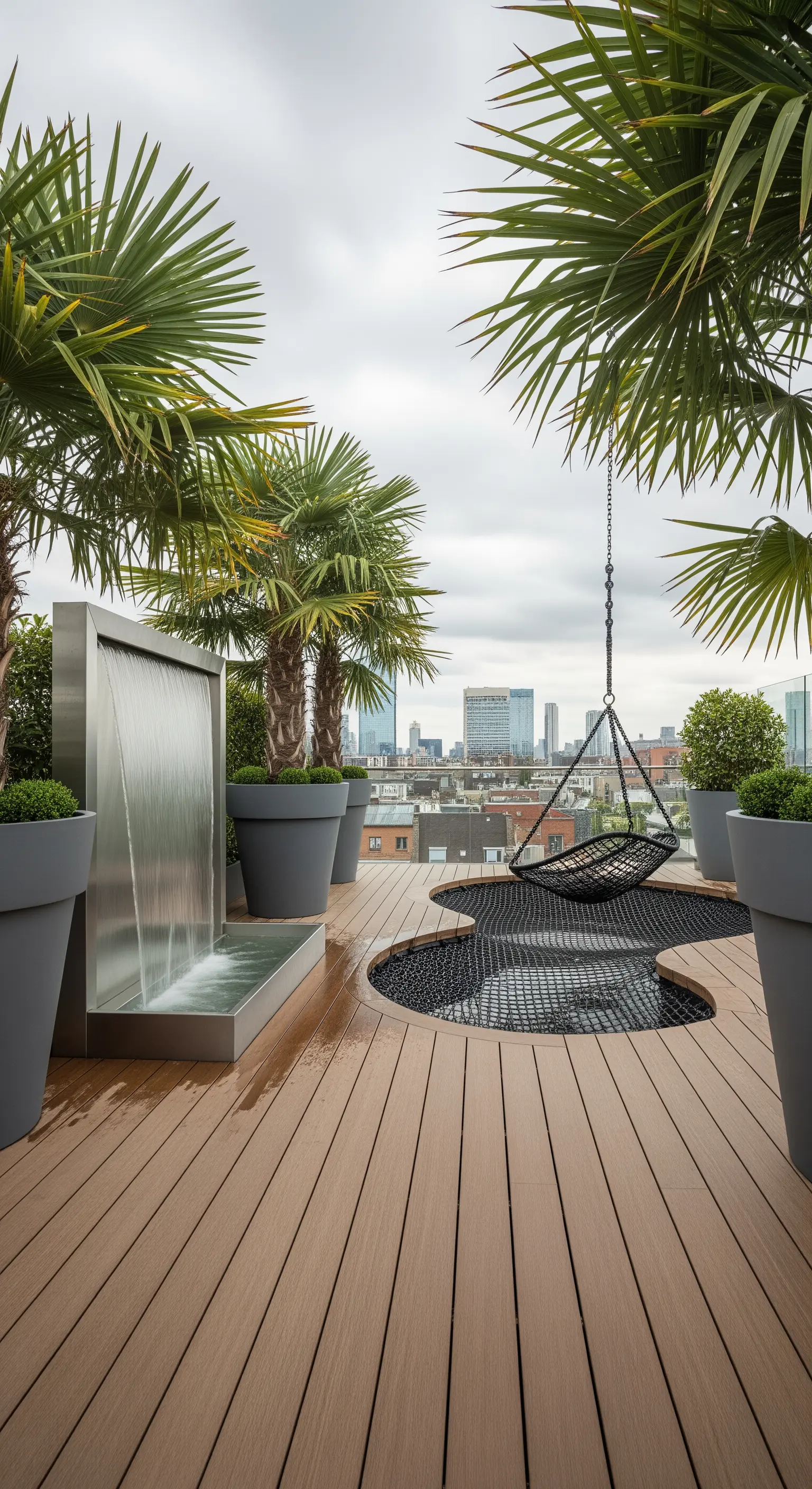 Terrazza moderna con cascata in acciaio, palme in vaso e seduta a rete sospesa.