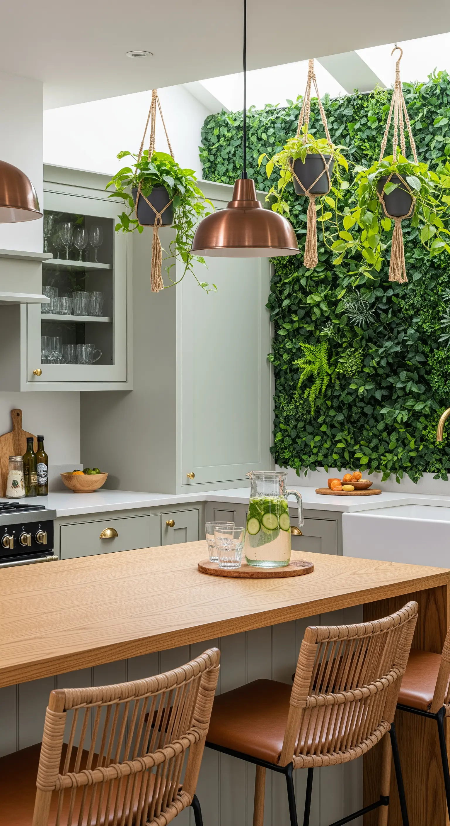 Cucina con parete verde verticale, piante sospese e sgabelli in legno e pelle.