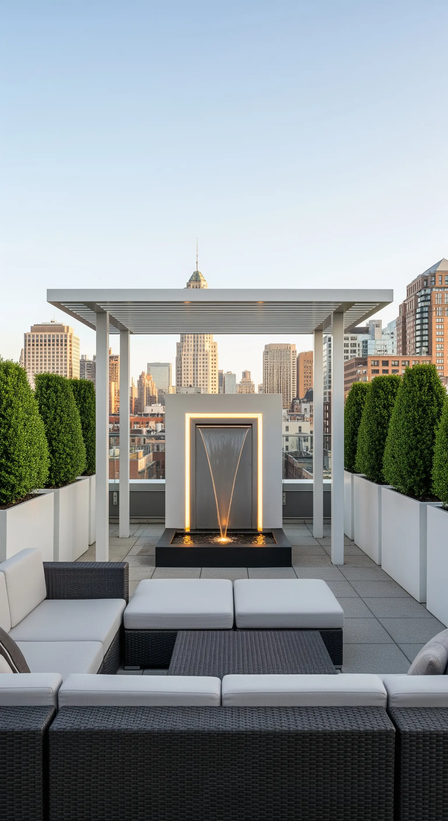 Terrazza panoramica in città con divano a L, pergola bianca e fontana a parete illuminata.