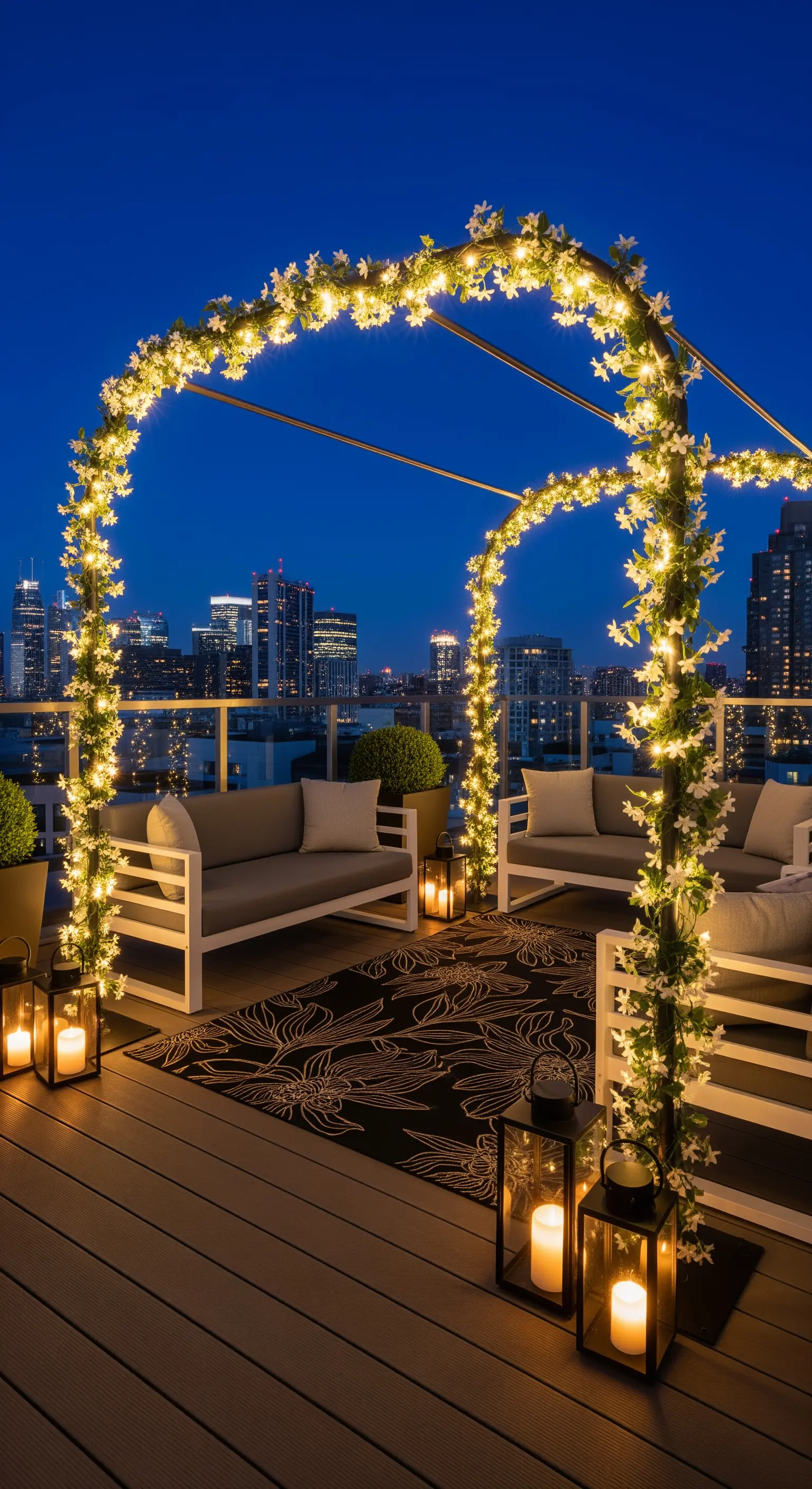 Rooftop con una pergola ad arco illuminata da lucine, divani moderni e vista sulla città