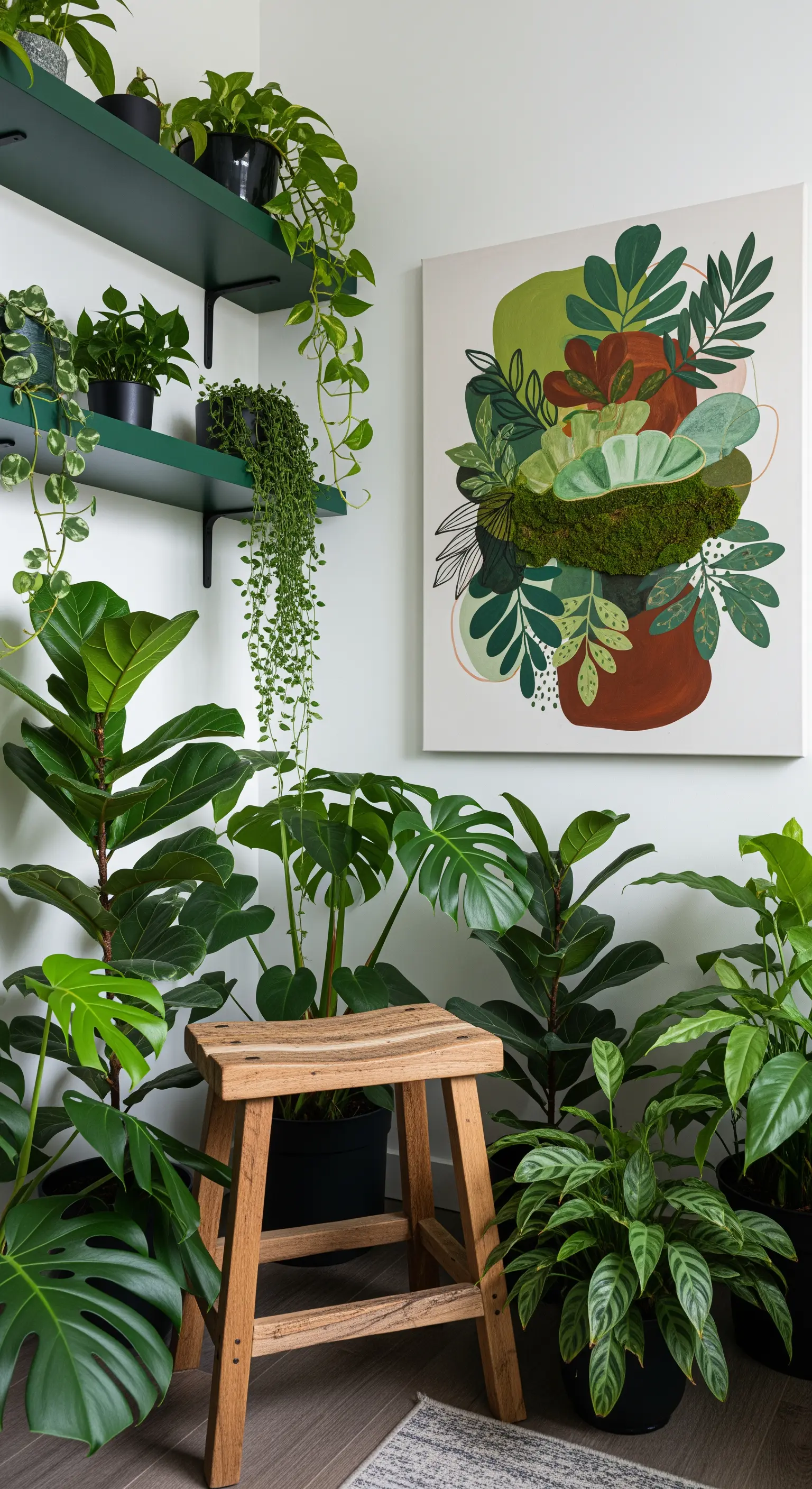 Angolo pieno di piante con mensole verde scuro e un quadro con illustrazioni botaniche.