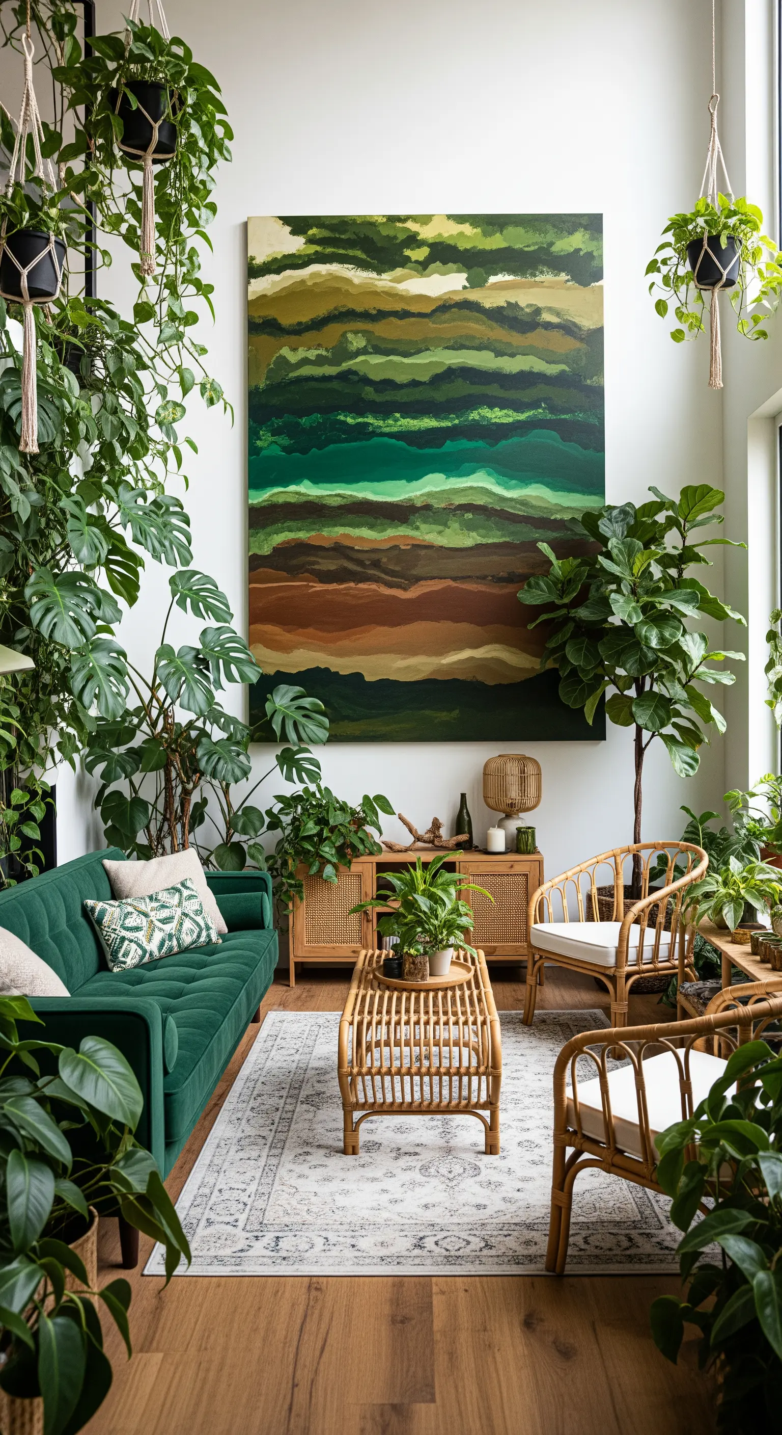 Soggiorno pieno di piante con un grande quadro astratto nei toni del verde e della terra.