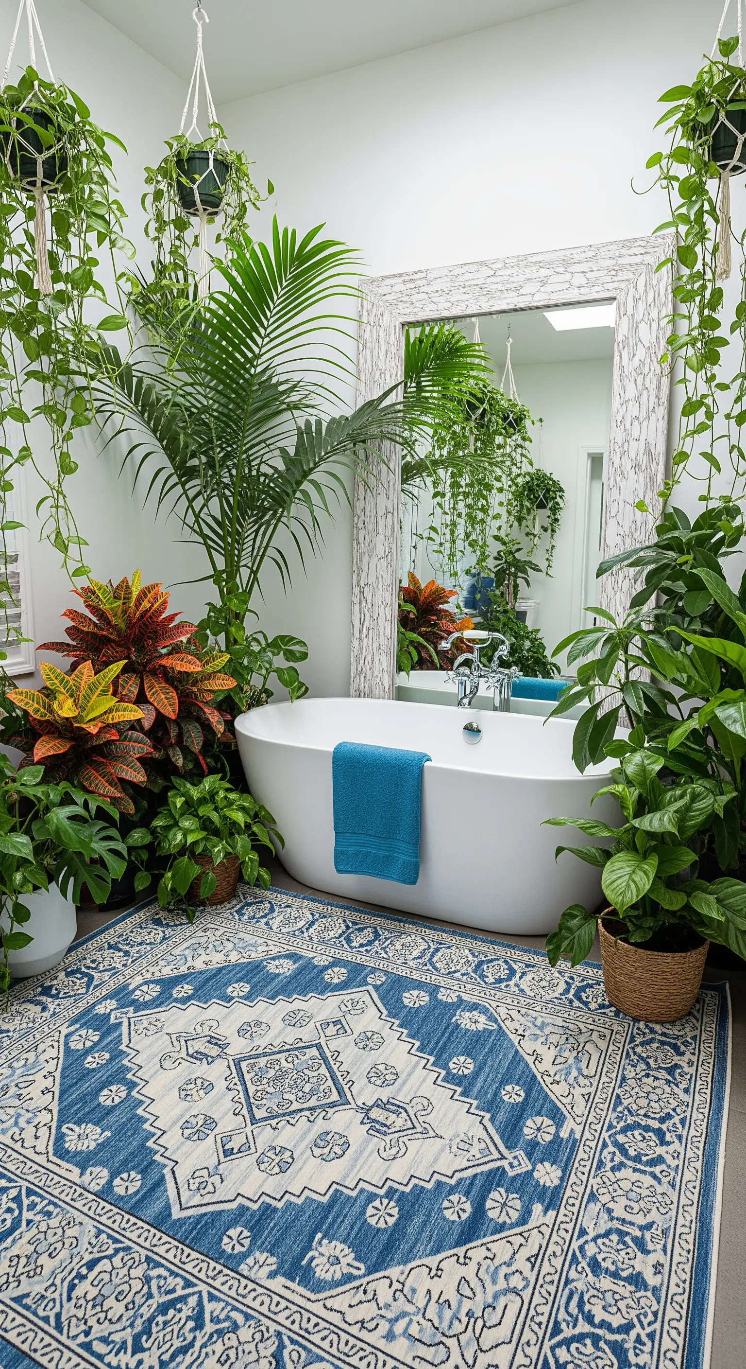 Bagno trasformato in una giungla urbana con piante lussureggianti attorno alla vasca.
