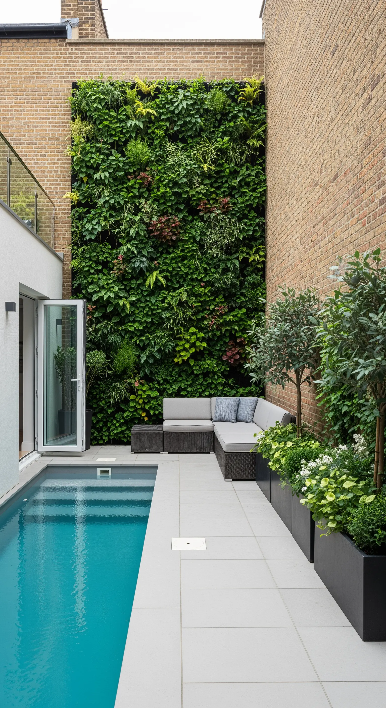 Cortile stretto con piscina, parete verde verticale e un piccolo divano alla fine.