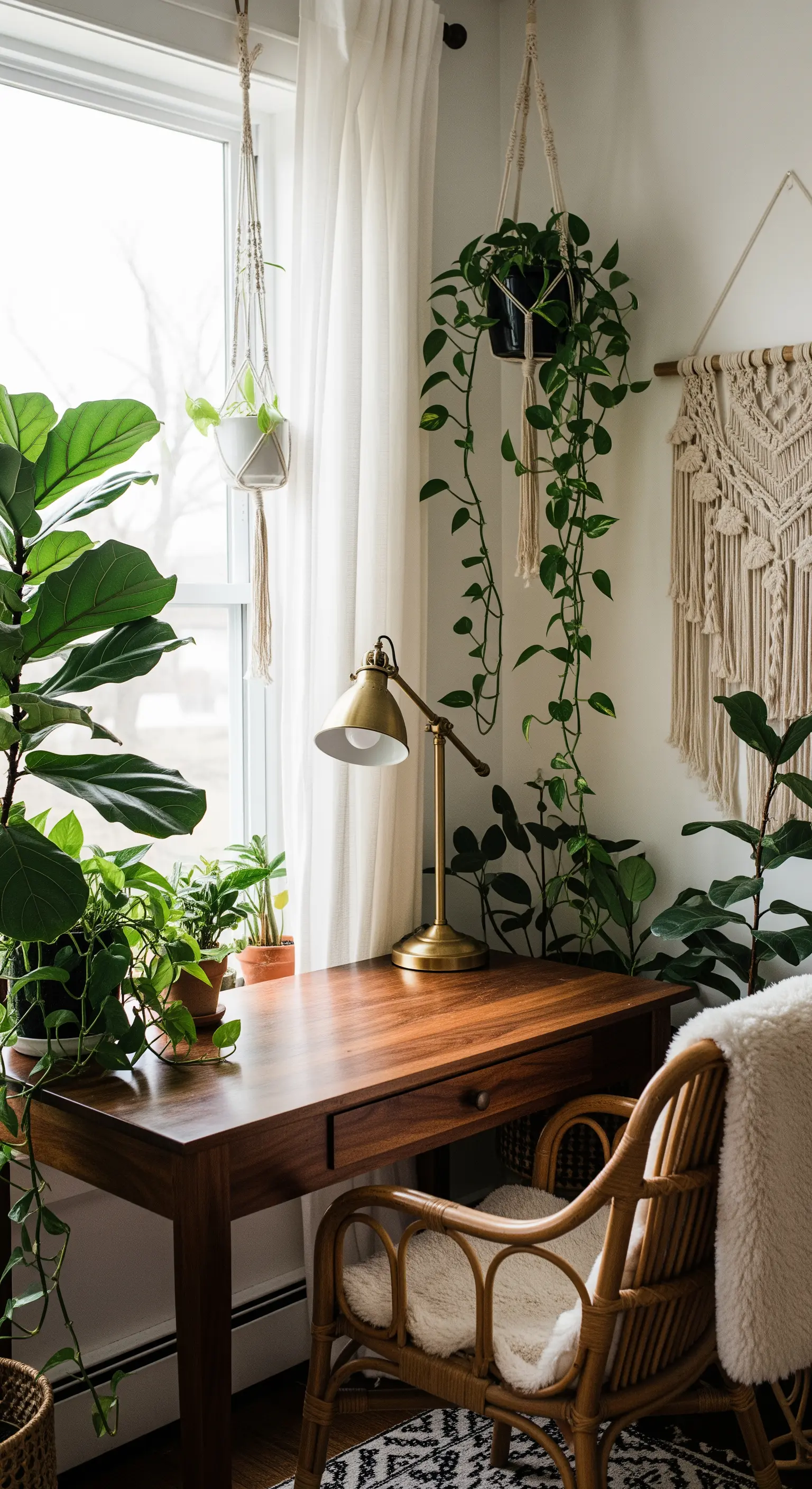 Angolo studio luminoso pieno di piante, con scrivania in legno e lampada in ottone.