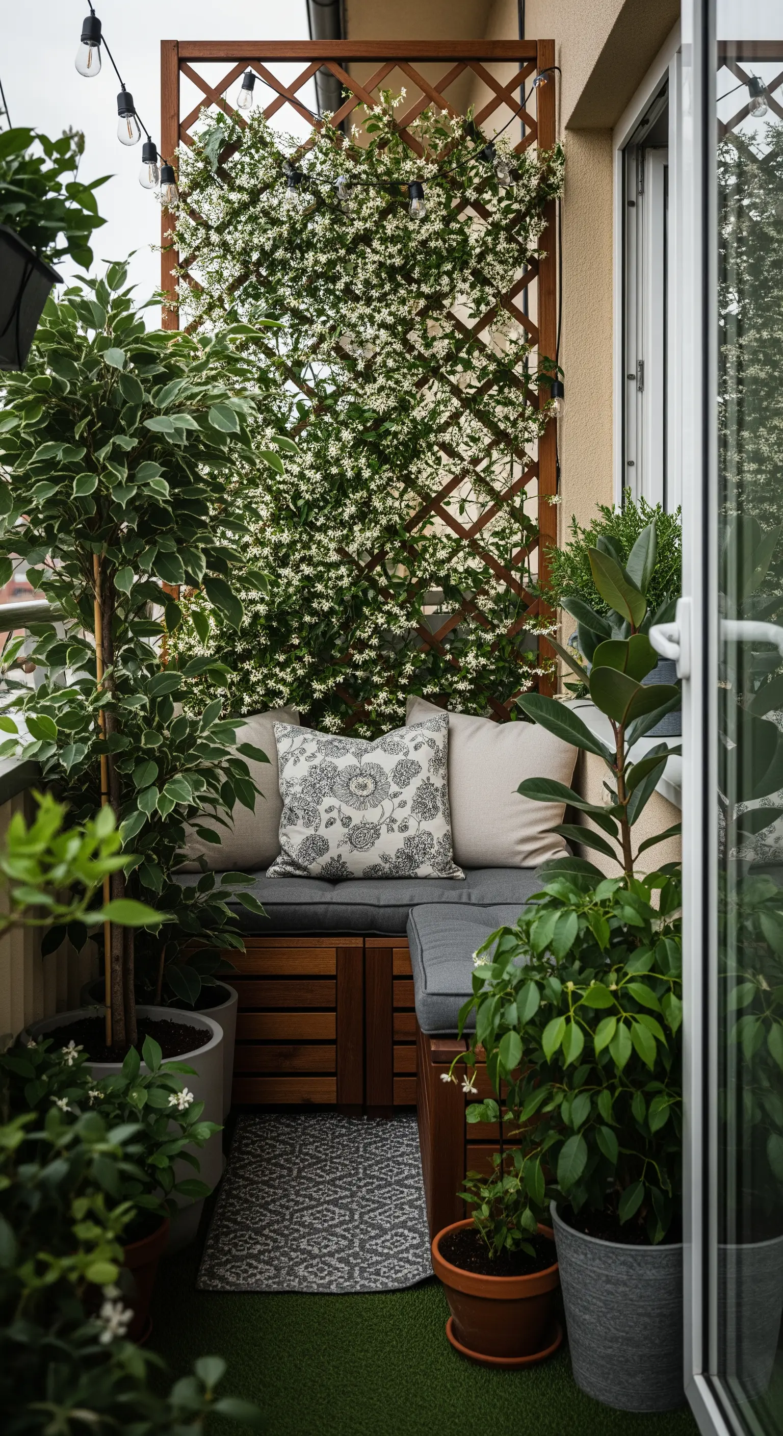 Piccolo balcone con panca in legno e cuscini, schermato da un graticcio con gelsomino fiorito.