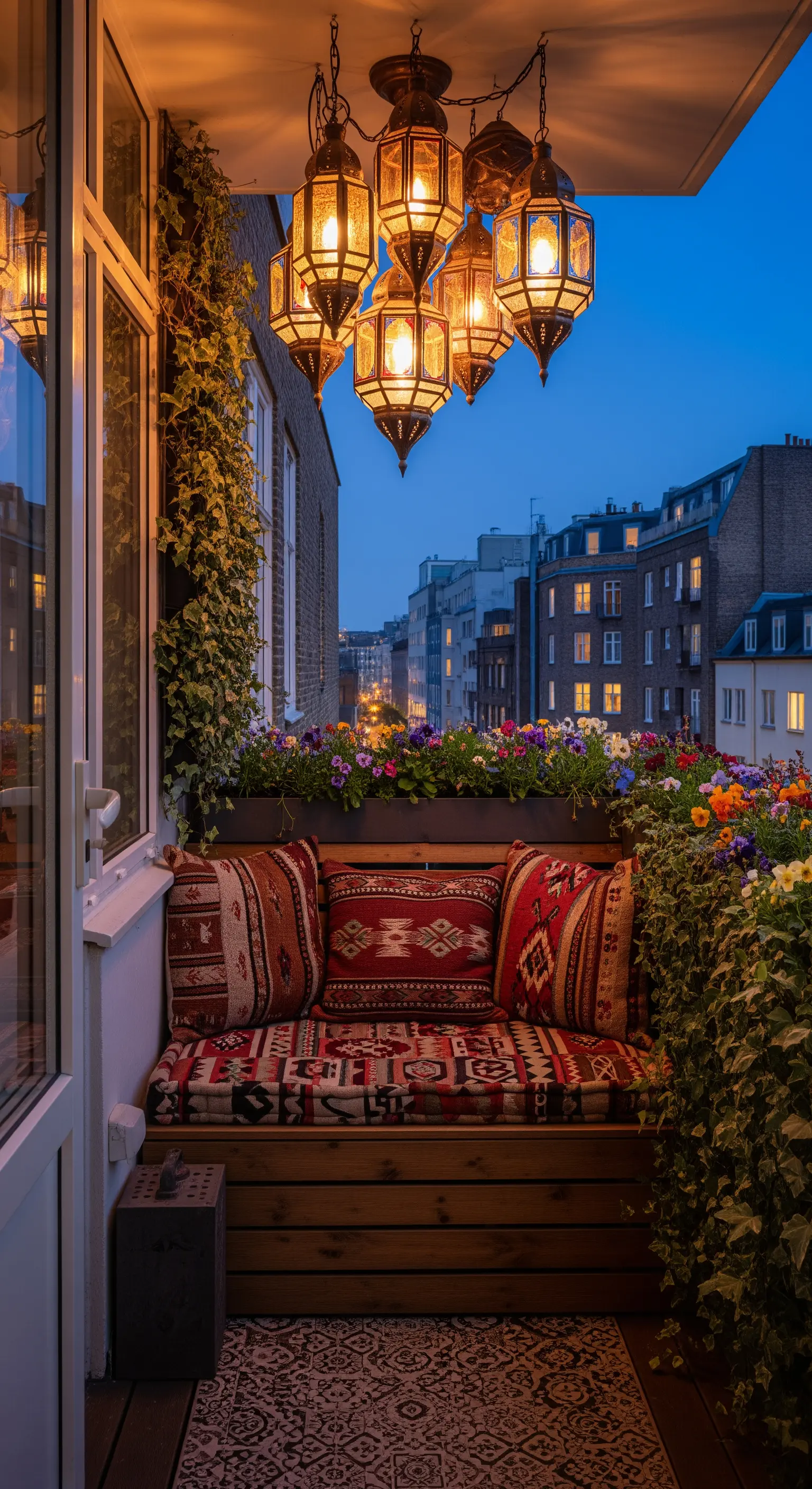 Balcone urbano di sera con panca, cuscini etnici e un grappolo di lanterne marocchine illuminate.