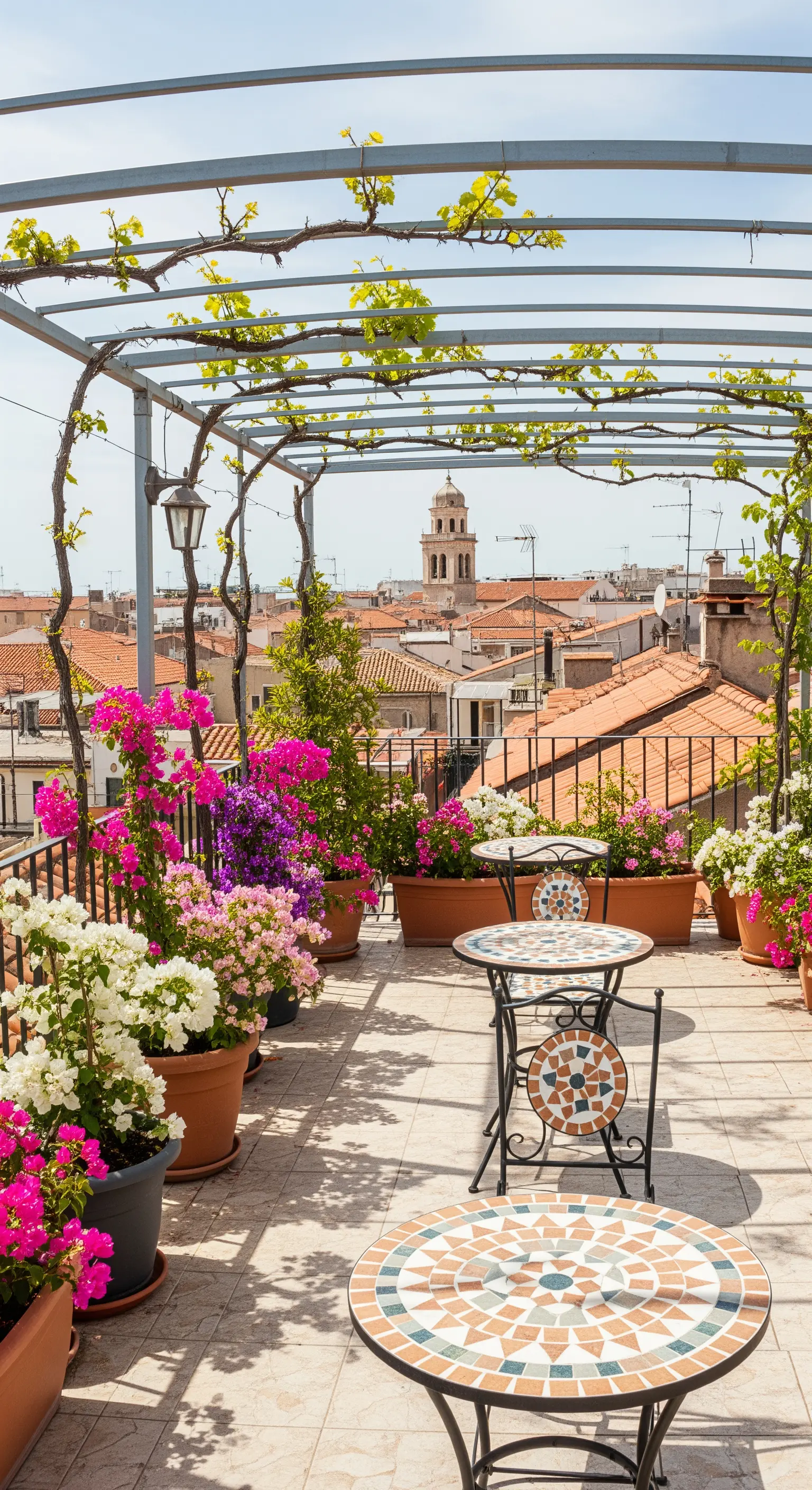 Terrazza panoramica con tavoli in mosaico e bouganville in vaso.