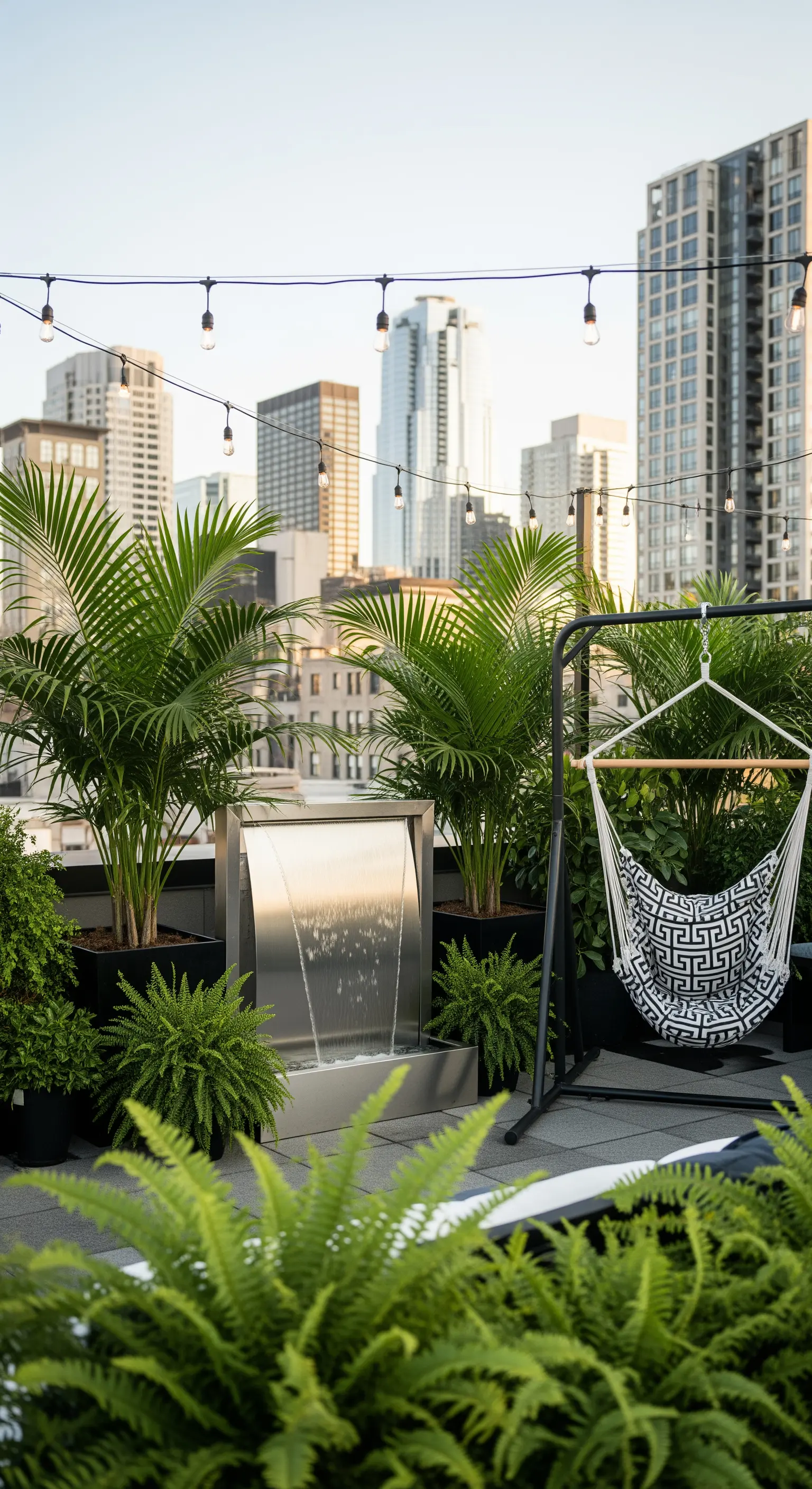 Terrazza urbana con palme in vaso, fontana in acciaio, amaca sospesa e luci a filo