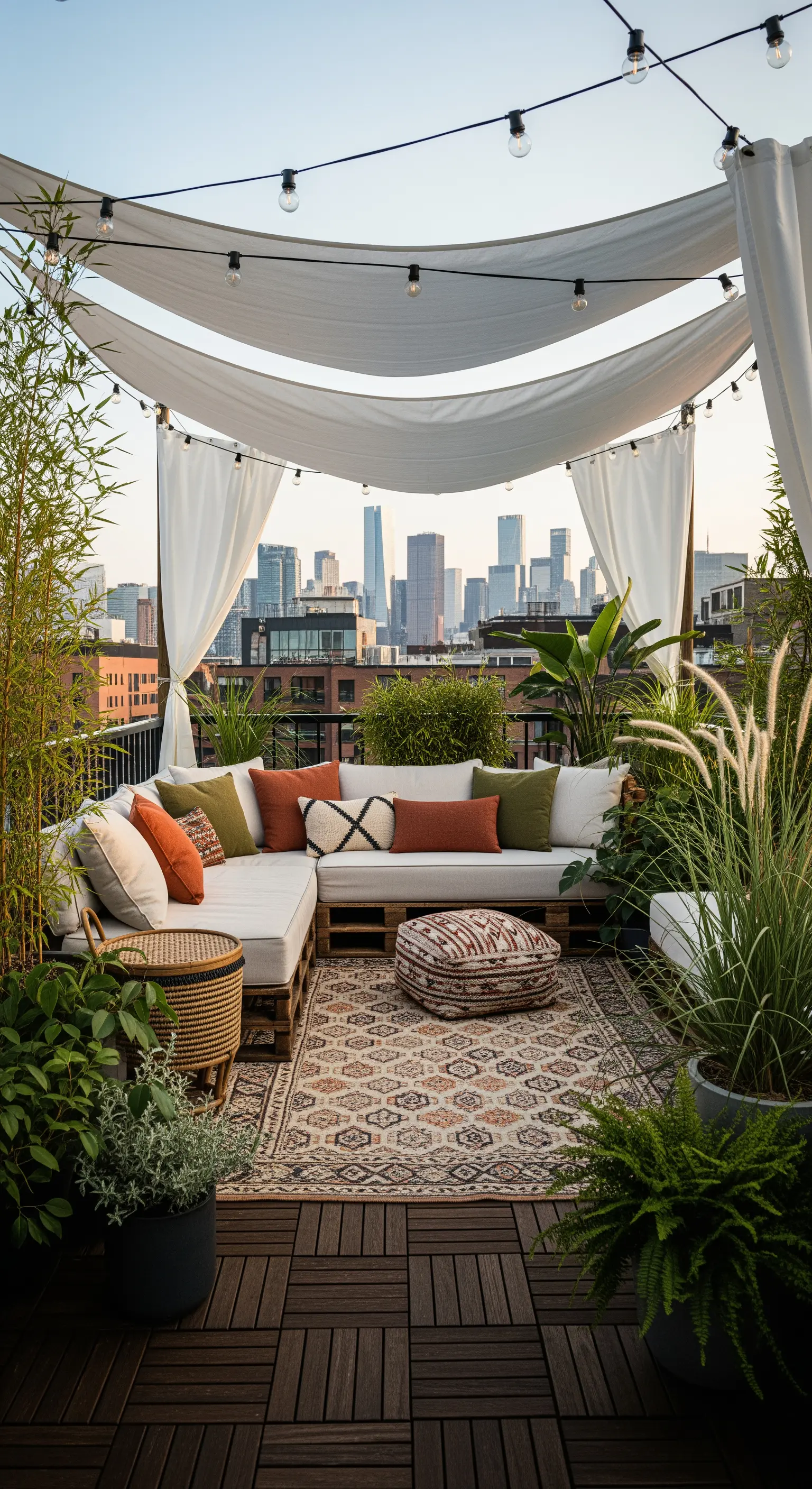 Terrazza urbana con divano in pallet, copertura in tessuto bianco e piante alte perimetrali.