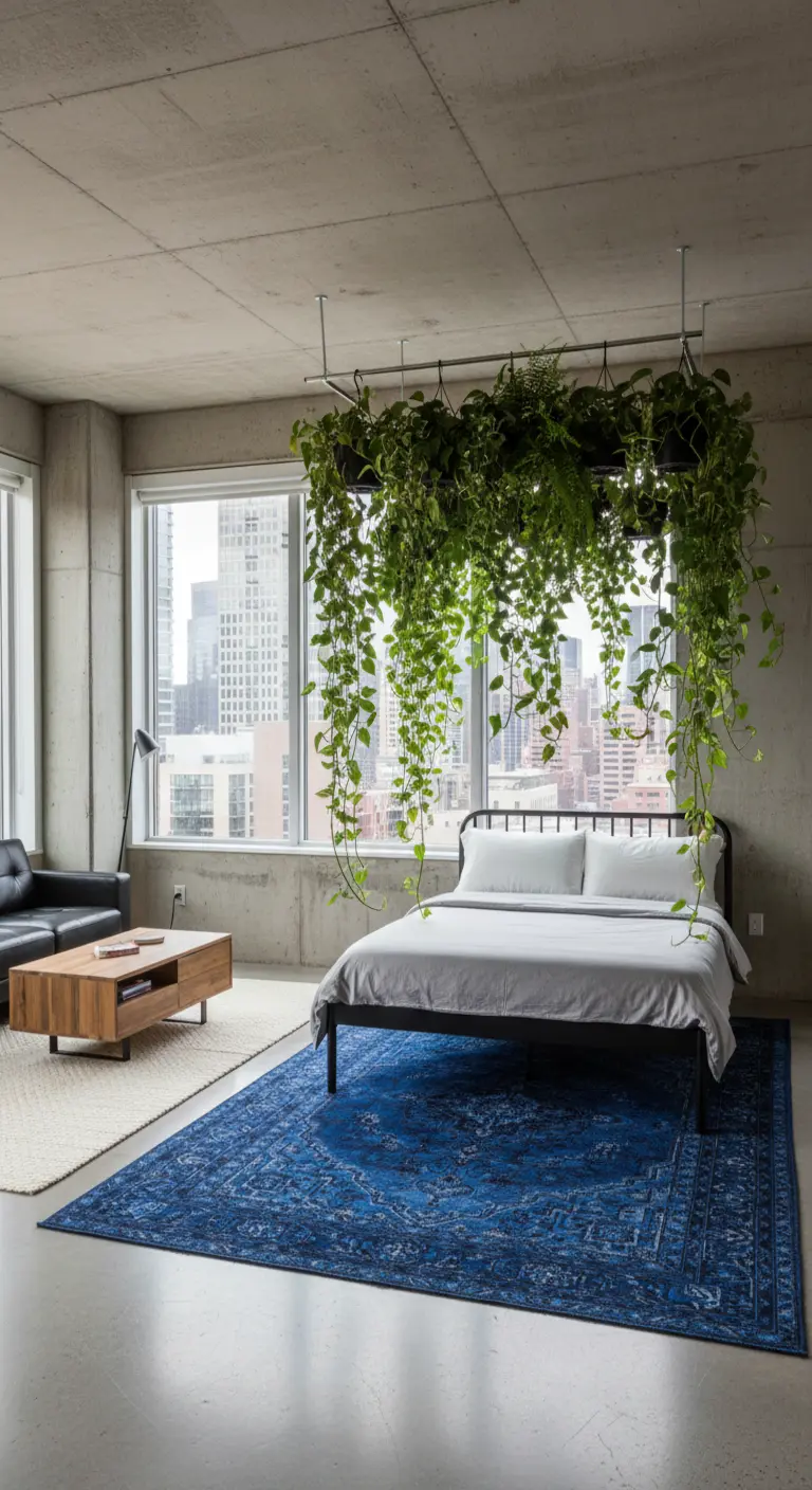 Loft industriale con soffitto in cemento, letto in metallo e un'isola di piante sospese.