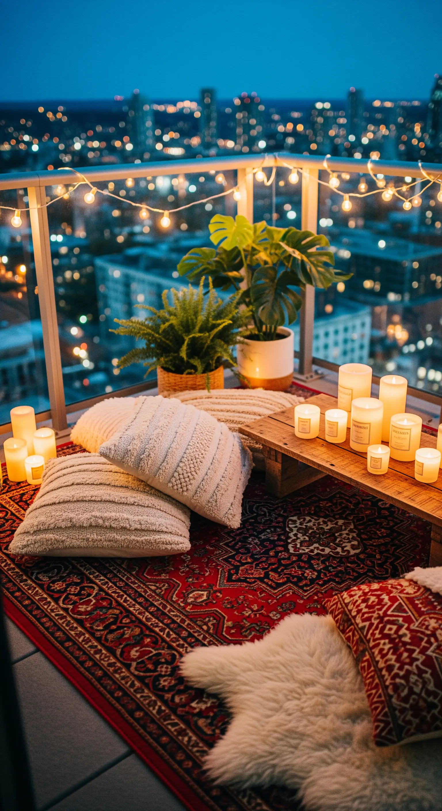 Balcone con vista notturna sulla città, tappeto rosso, cuscini testurizzati e luci a stringa.
