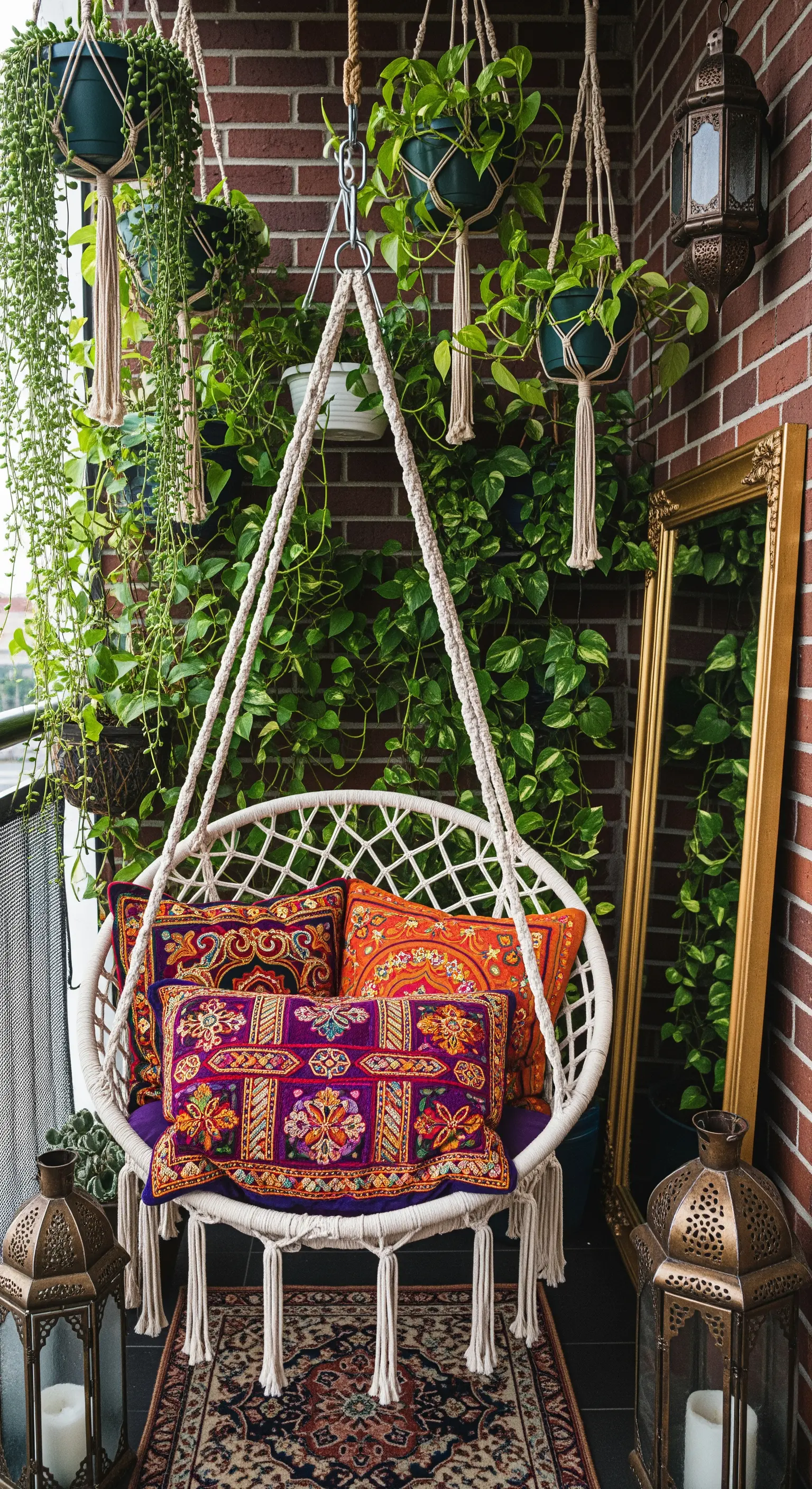 Balcone boho con sedia sospesa in macramè, cuscini etnici e parete di mattoni.