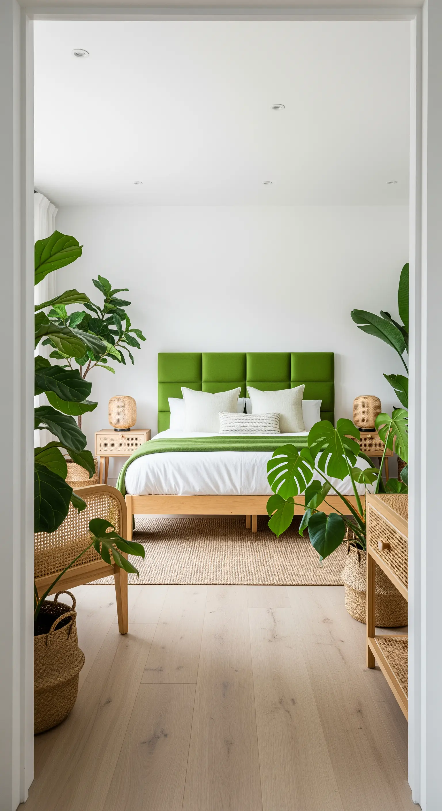 Testiera imbottita verde brillante circondata da piante da interno rigogliose.