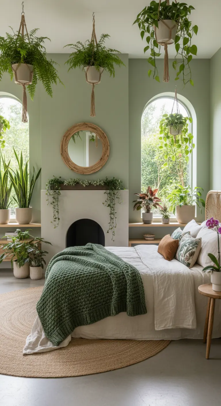 Camera da letto verde salvia con camino bianco, piante sospese e tessuti naturali.