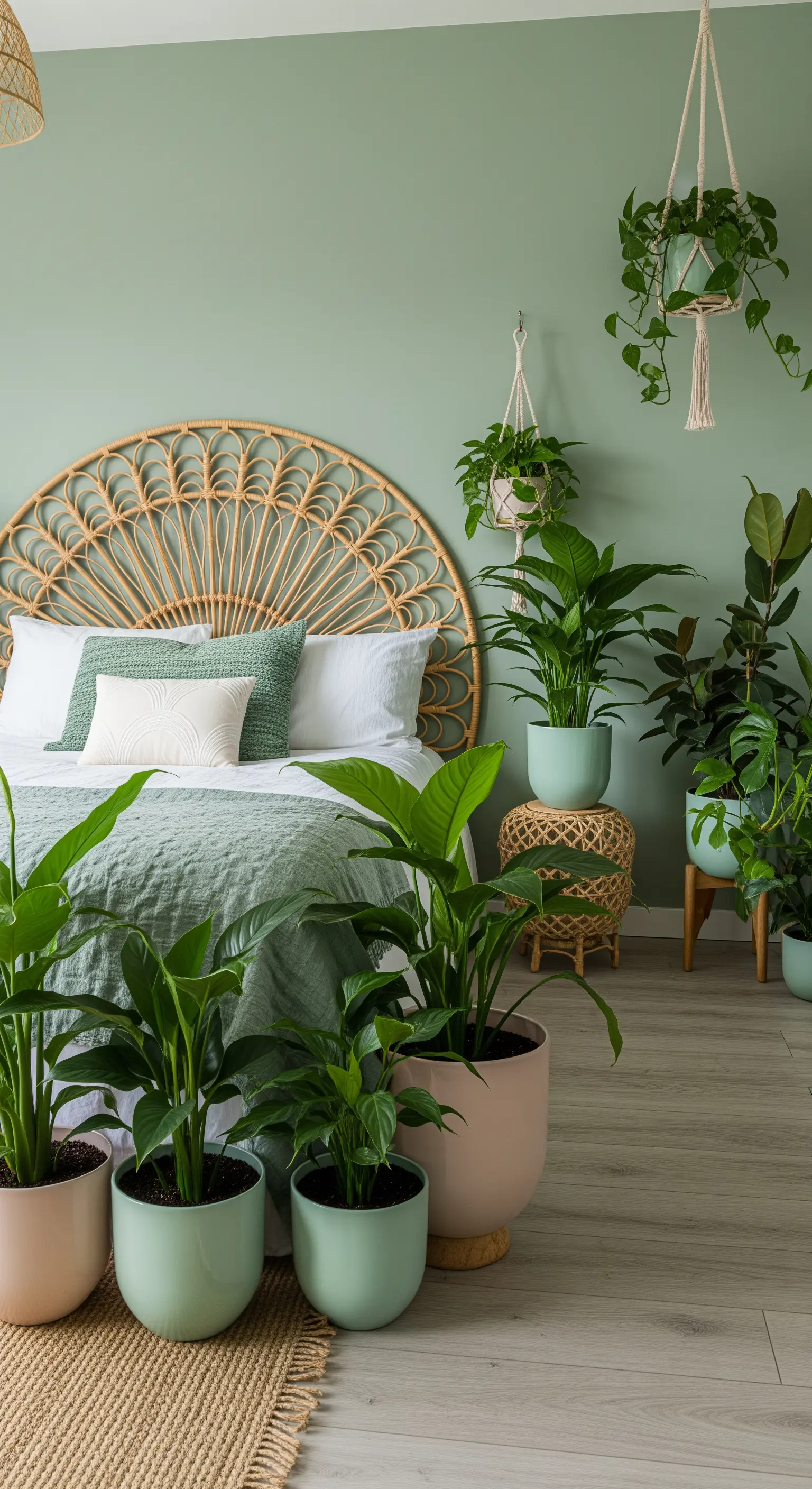 Camera da letto verde salvia con testiera in rattan e numerose piante da interno.
