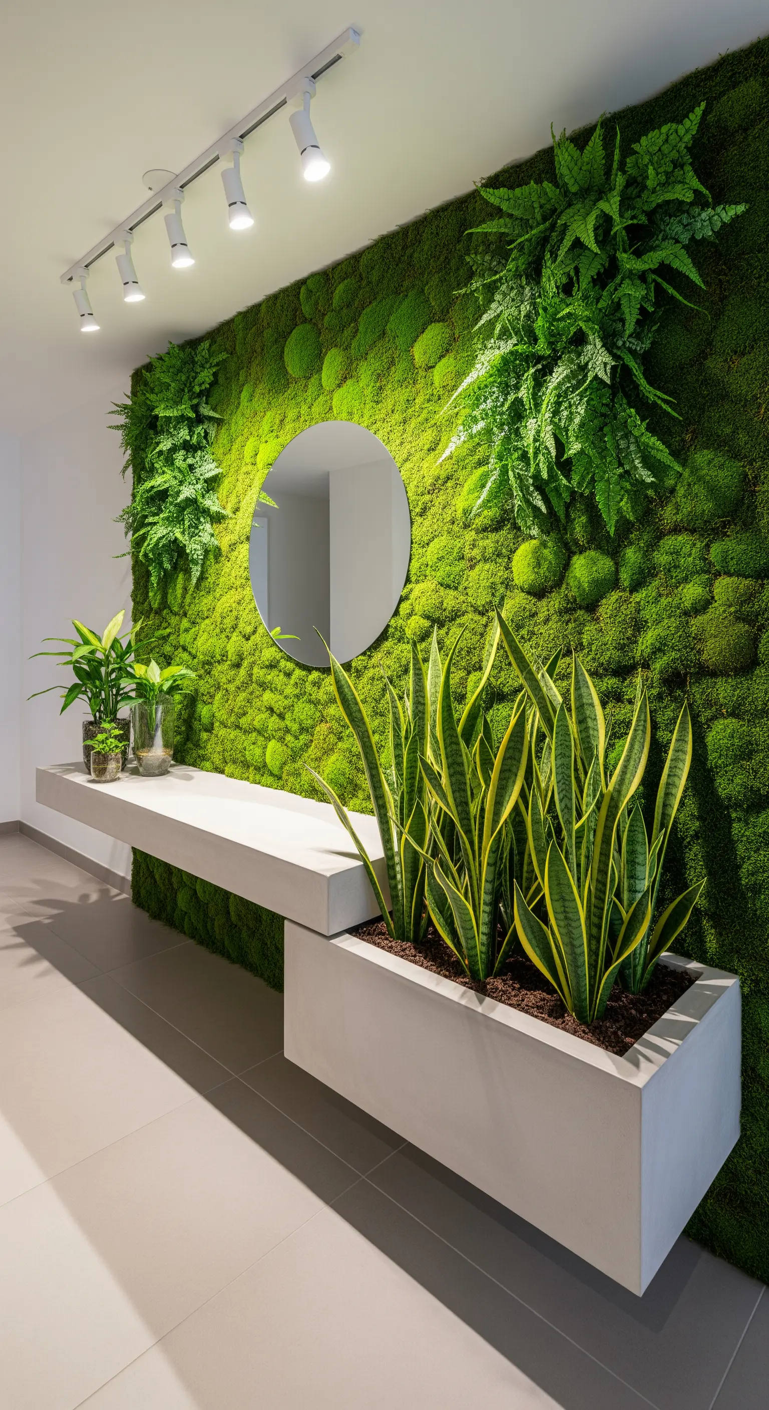 Parete di muschio stabilizzato con mensola bianca sospesa e fioriera integrata.