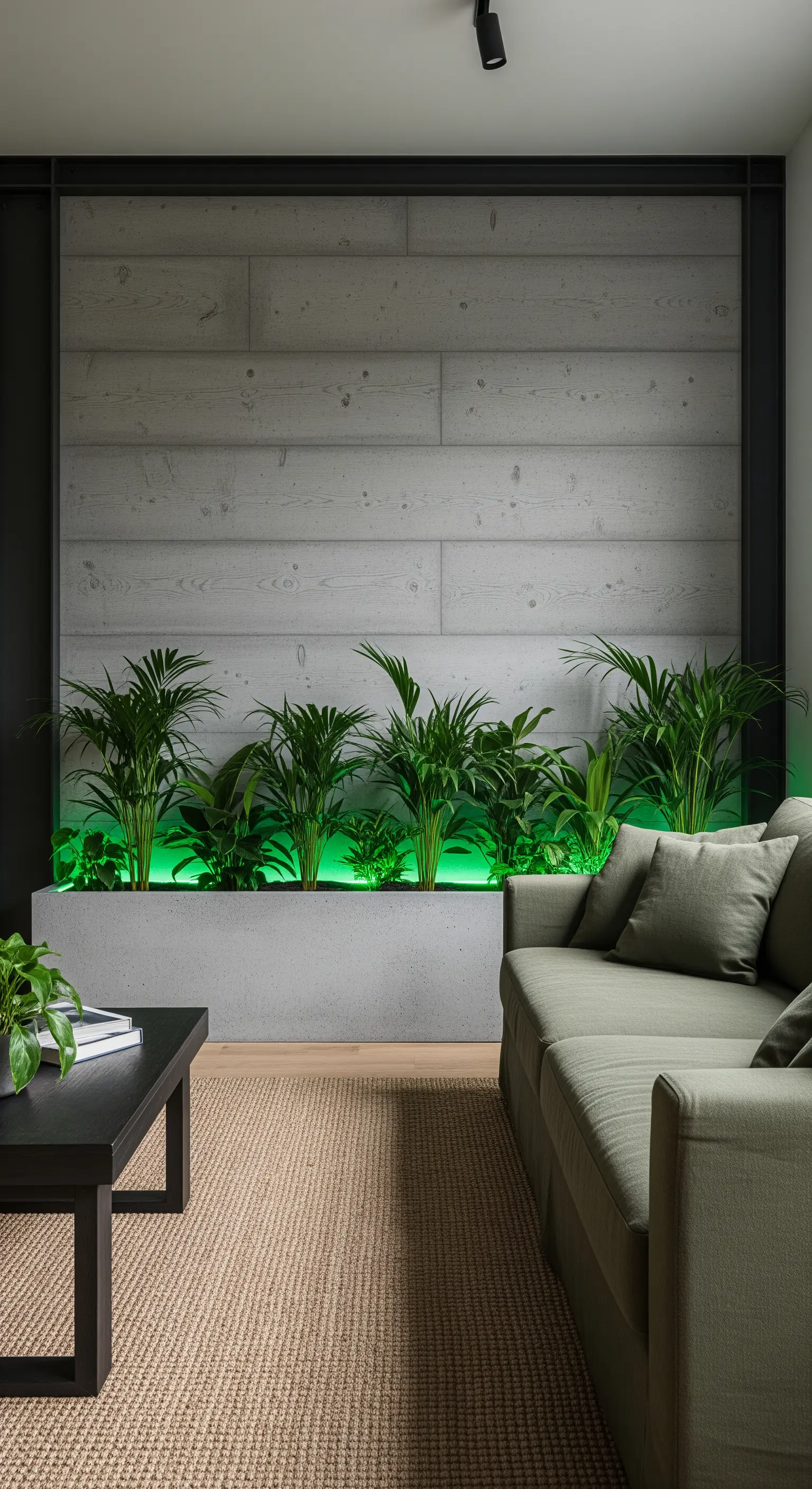 Fioriera in cemento dietro al divano con piante illuminate da una luce LED verde.