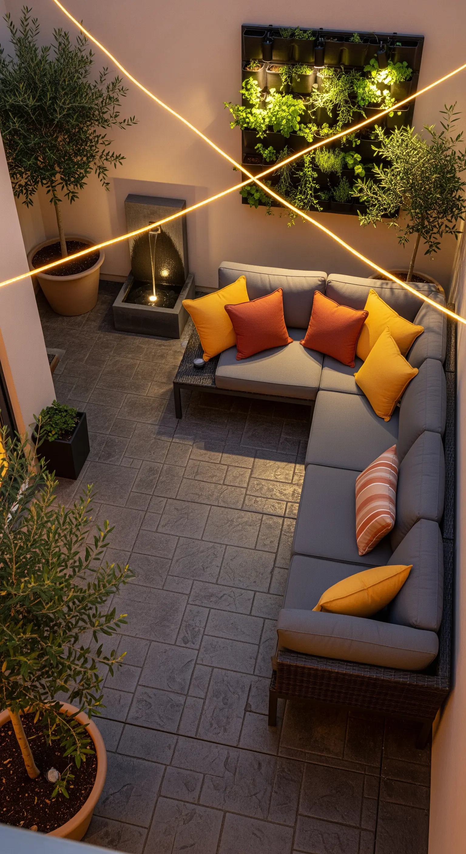 Piccolo patio con divano angolare, giardino verticale illuminato e luci a filo.