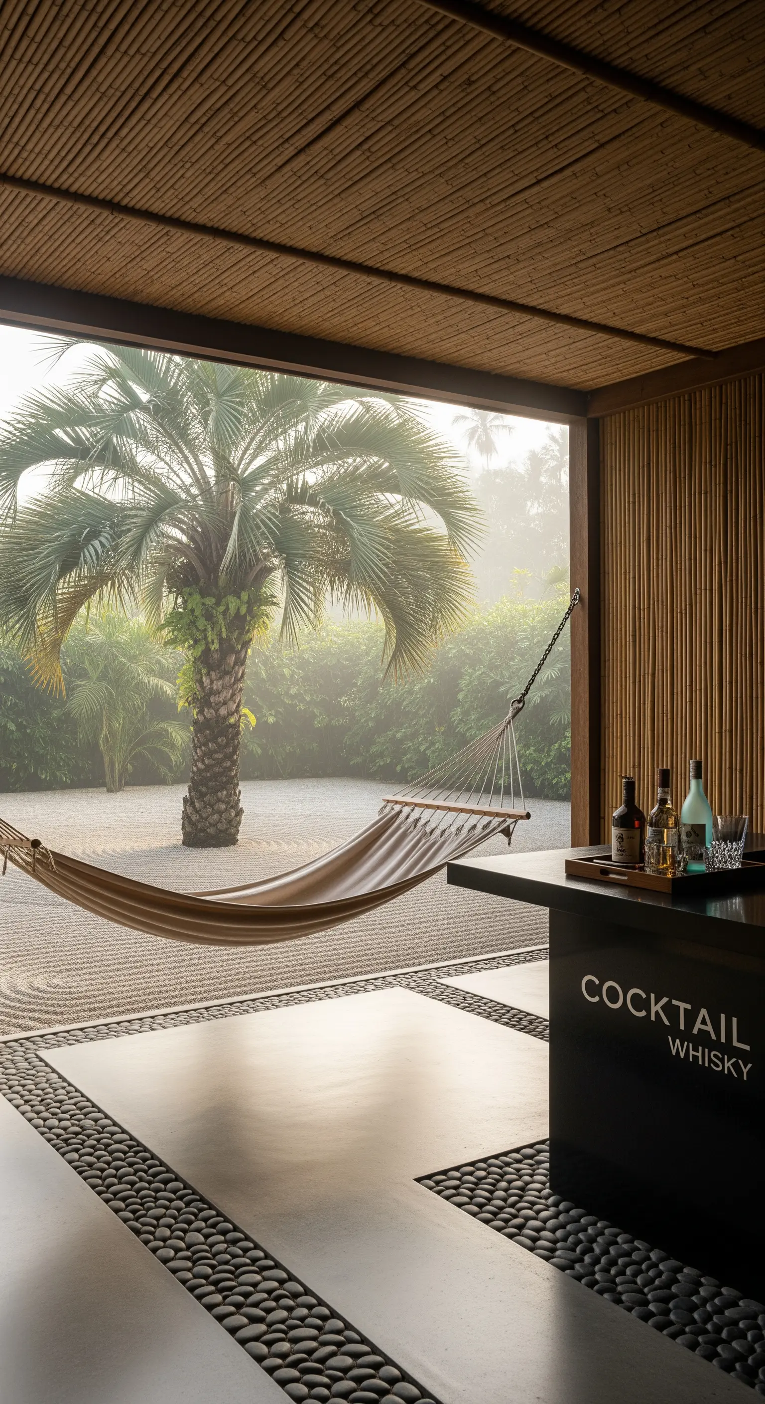 Portico zen con pavimento in cemento e ciottoli, giardino di ghiaia, e amaca color terra