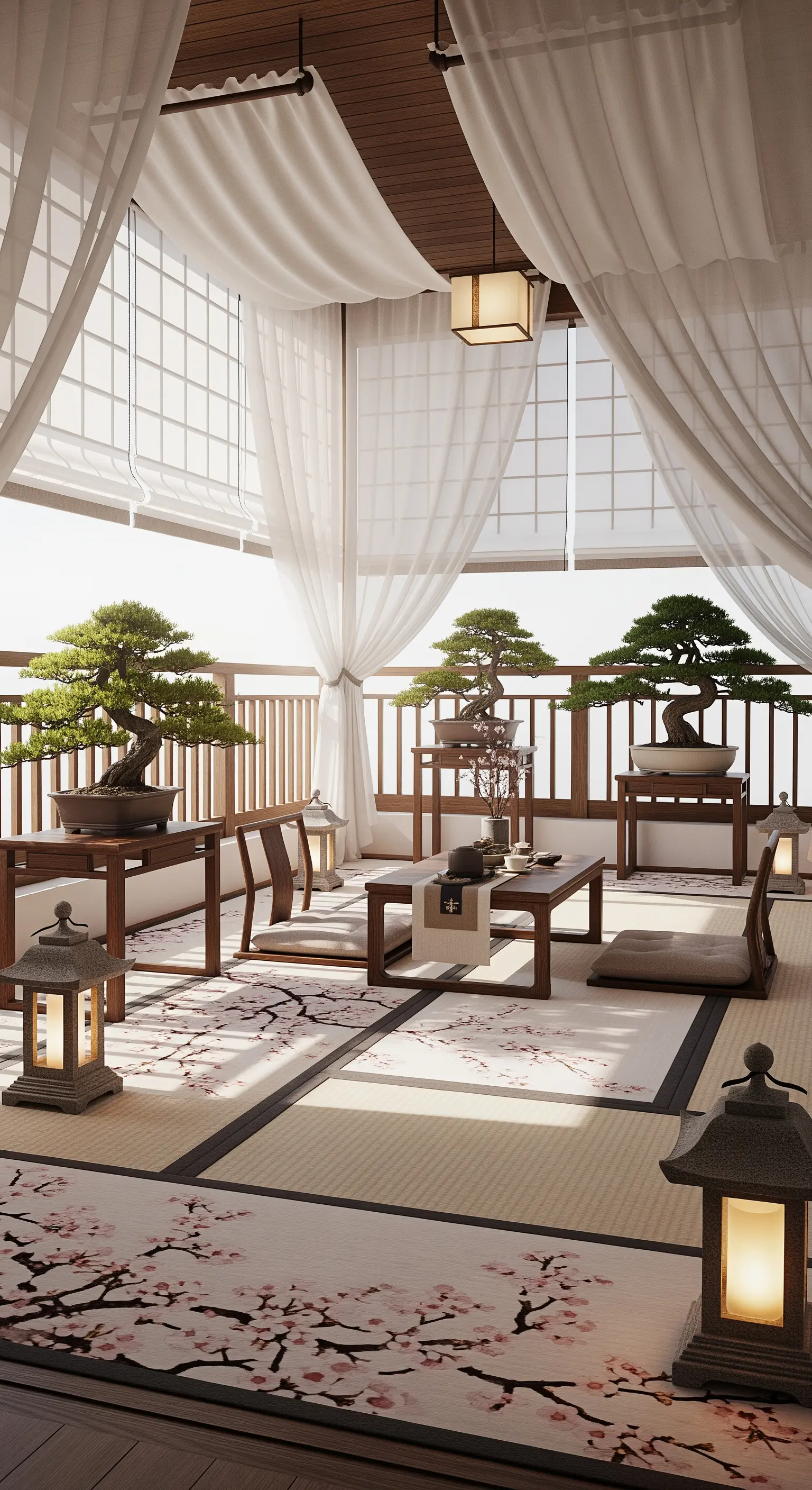 Balcone in stile giapponese con tatami, bonsai, arredi bassi e lanterne di carta.
