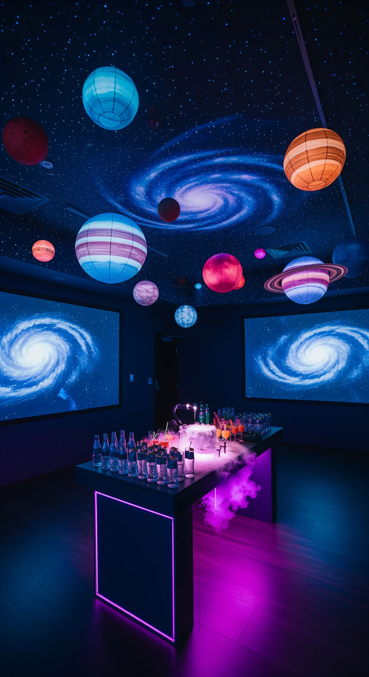 Stanza a tema galassia con lanterne a forma di pianeta e bar con fumo.