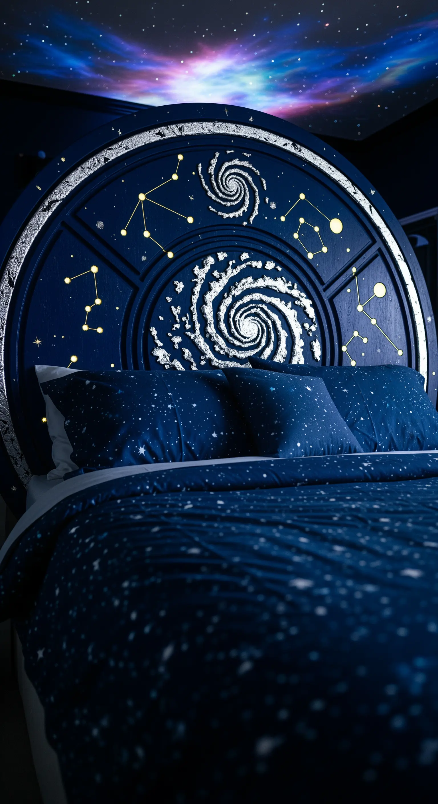 Testiera rotonda blu scuro intagliata e dipinta con galassie e costellazioni.