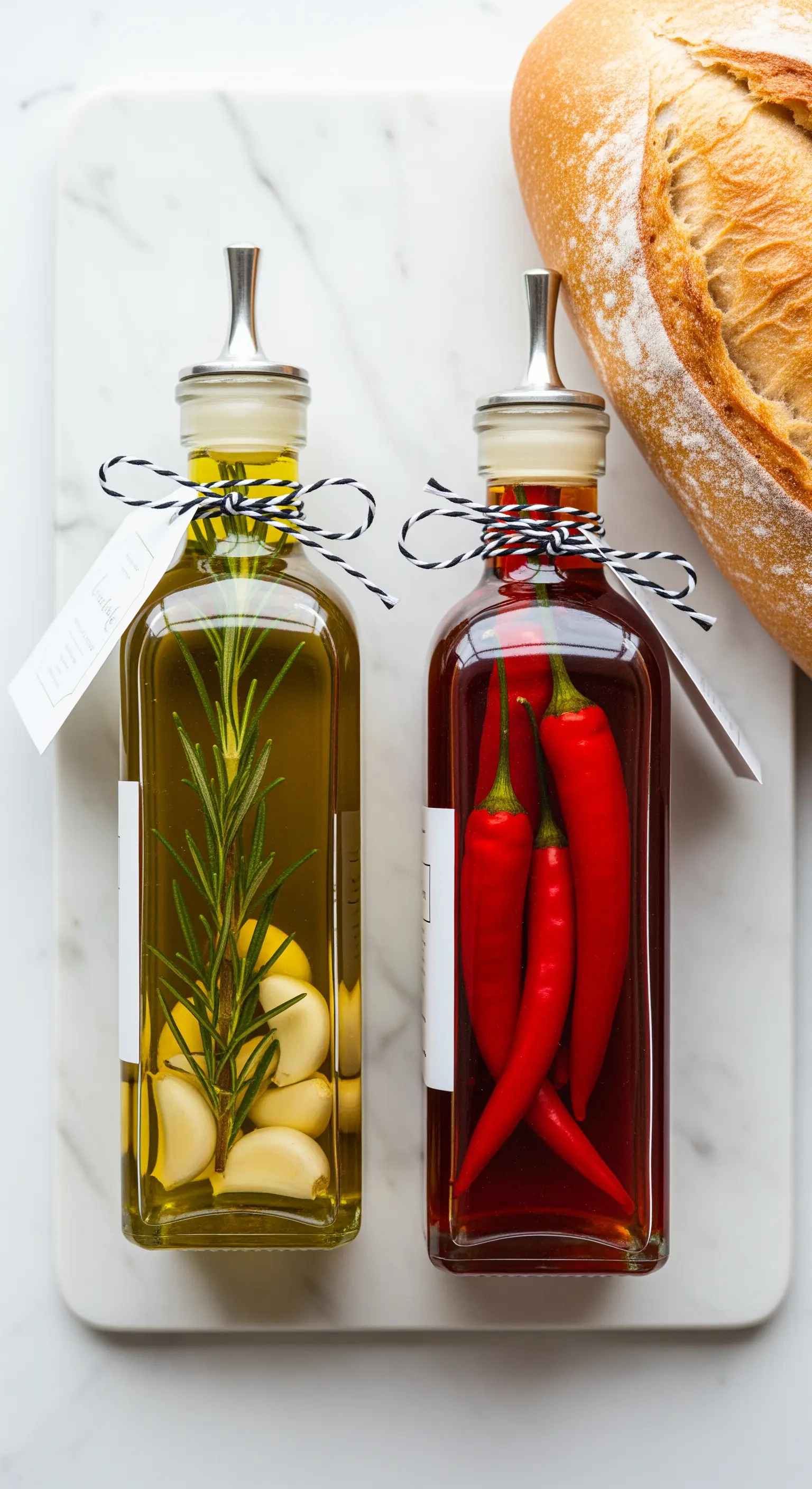 Due bottiglie di olio infuso, una con rosmarino e aglio, l'altra con peperoncino rosso.