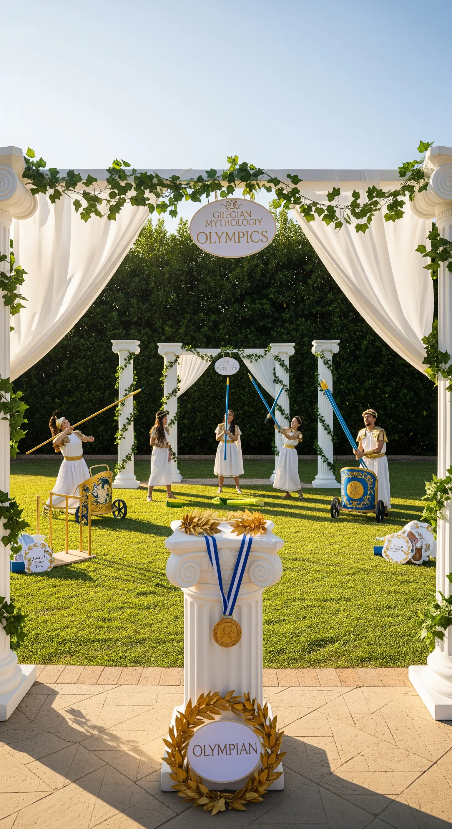 Un allestimento per olimpiadi a tema greco in giardino con colonne bianche, drappeggi e medaglie.