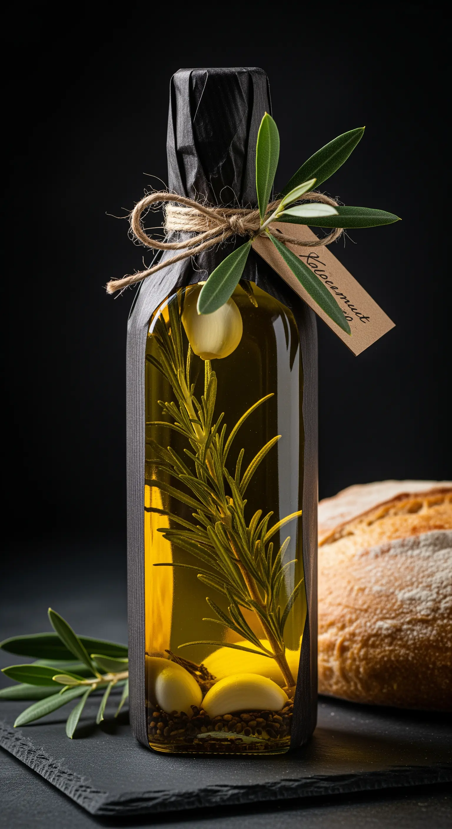 Bottiglia di olio d'oliva infuso con un rametto di rosmarino fresco e spicchi d'aglio.