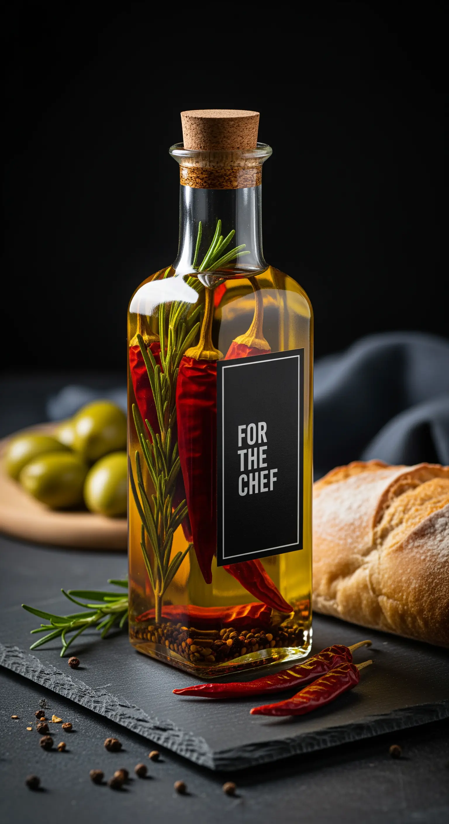 Bottiglia di olio infuso con peperoncino e rosmarino, etichetta nera 