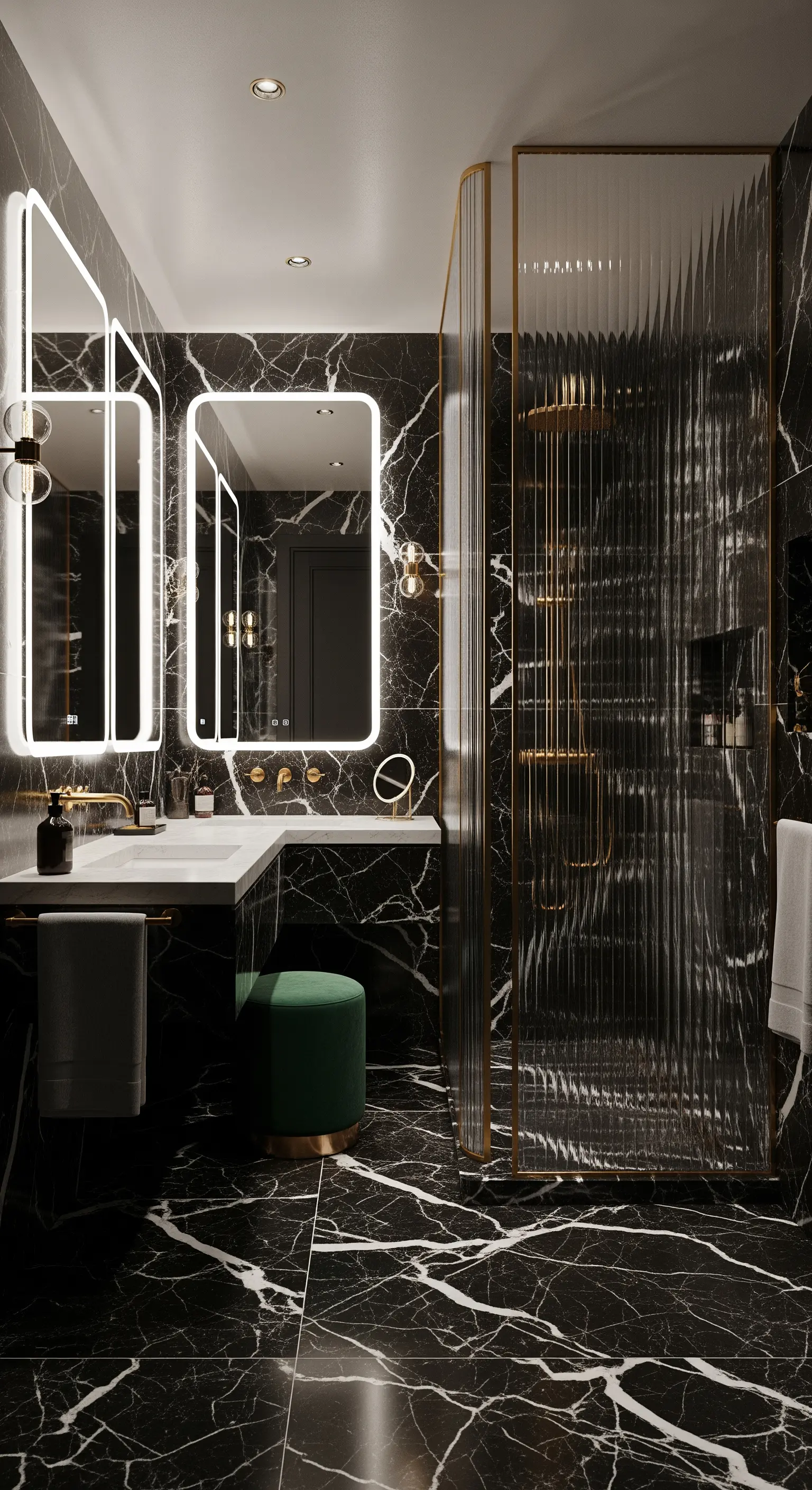 Bagno in marmo nero con specchi retroilluminati, box doccia in vetro cannettato e pouf verde.
