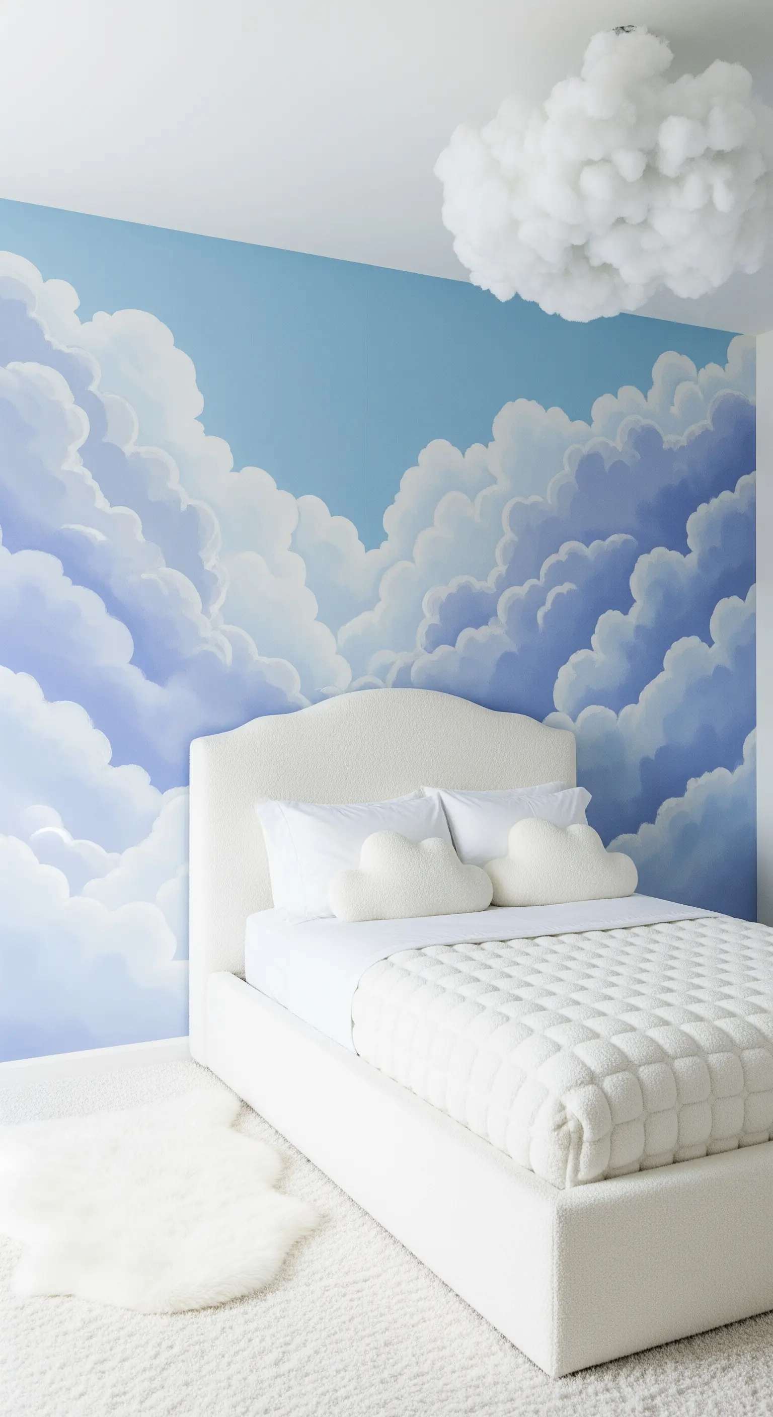 Camera da letto con murale di un cielo nuvoloso e letto bianco testurizzato.