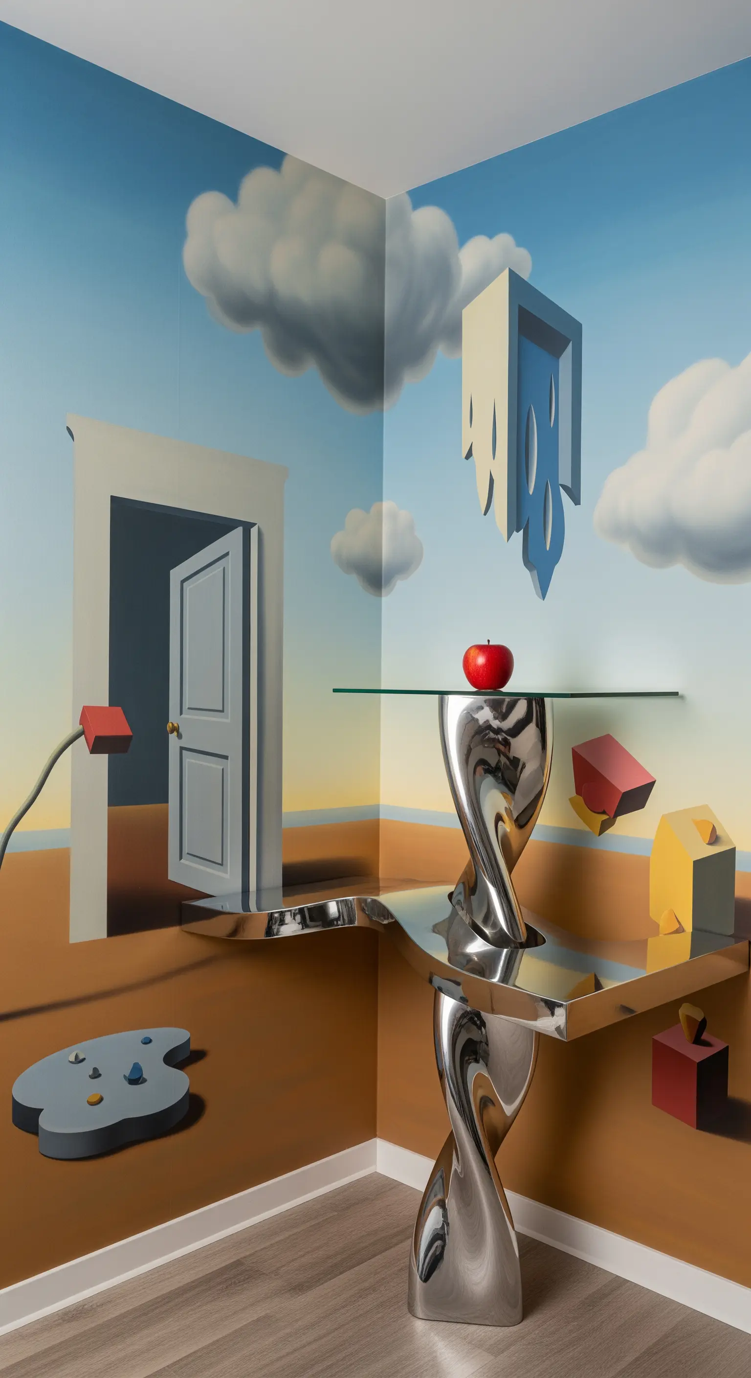 Consolle cromata dalle forme scultoree davanti a un murale di ispirazione surrealista.