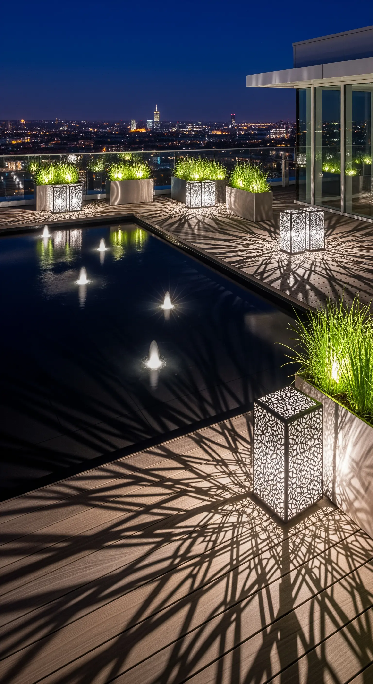 Terrazza con piscina e lanterne in metallo traforato che proiettano ombre decorative.