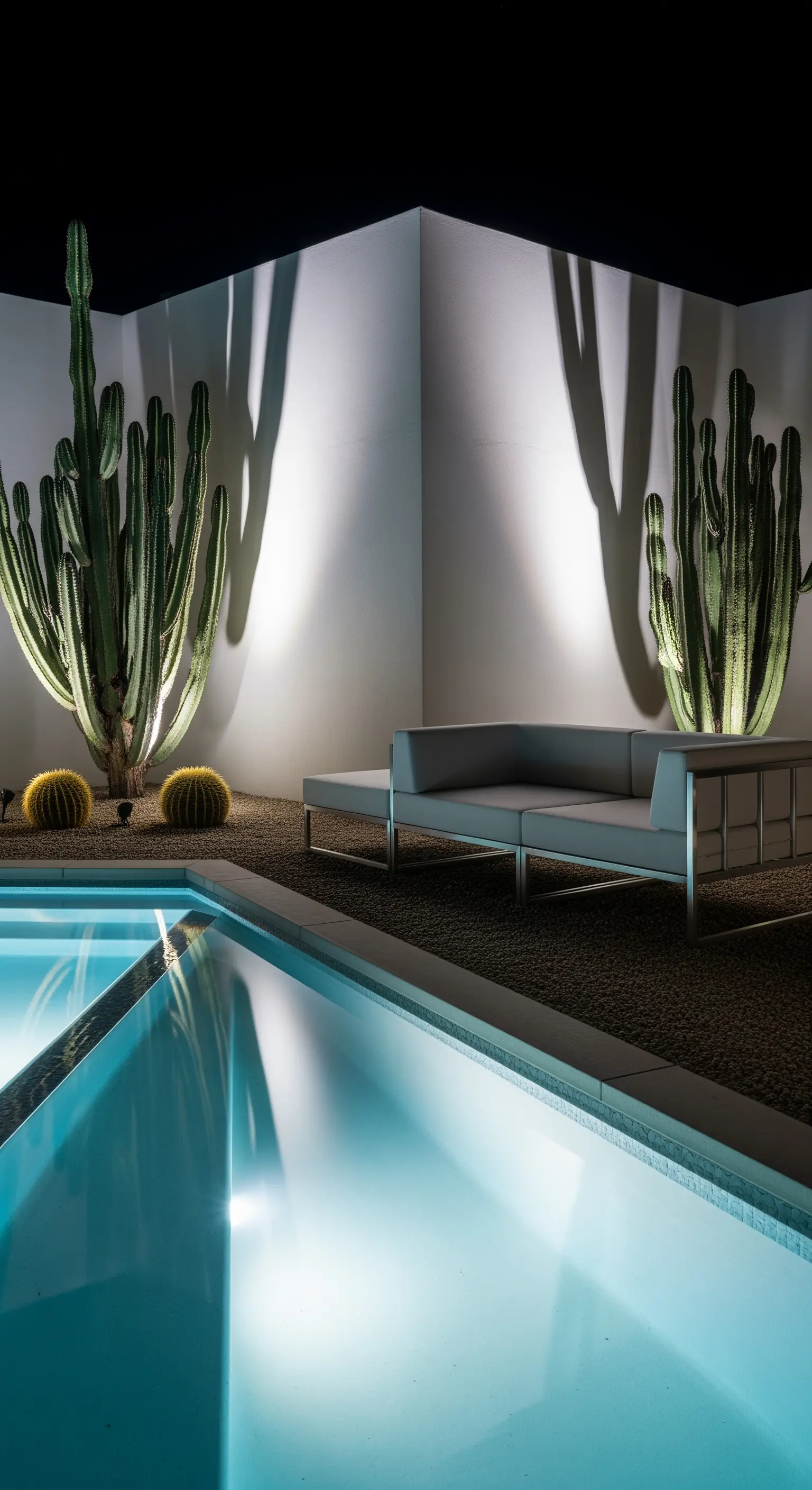 Cortile minimalista con grandi cactus illuminati dal basso, che proiettano grandi ombre su una parete bianca.
