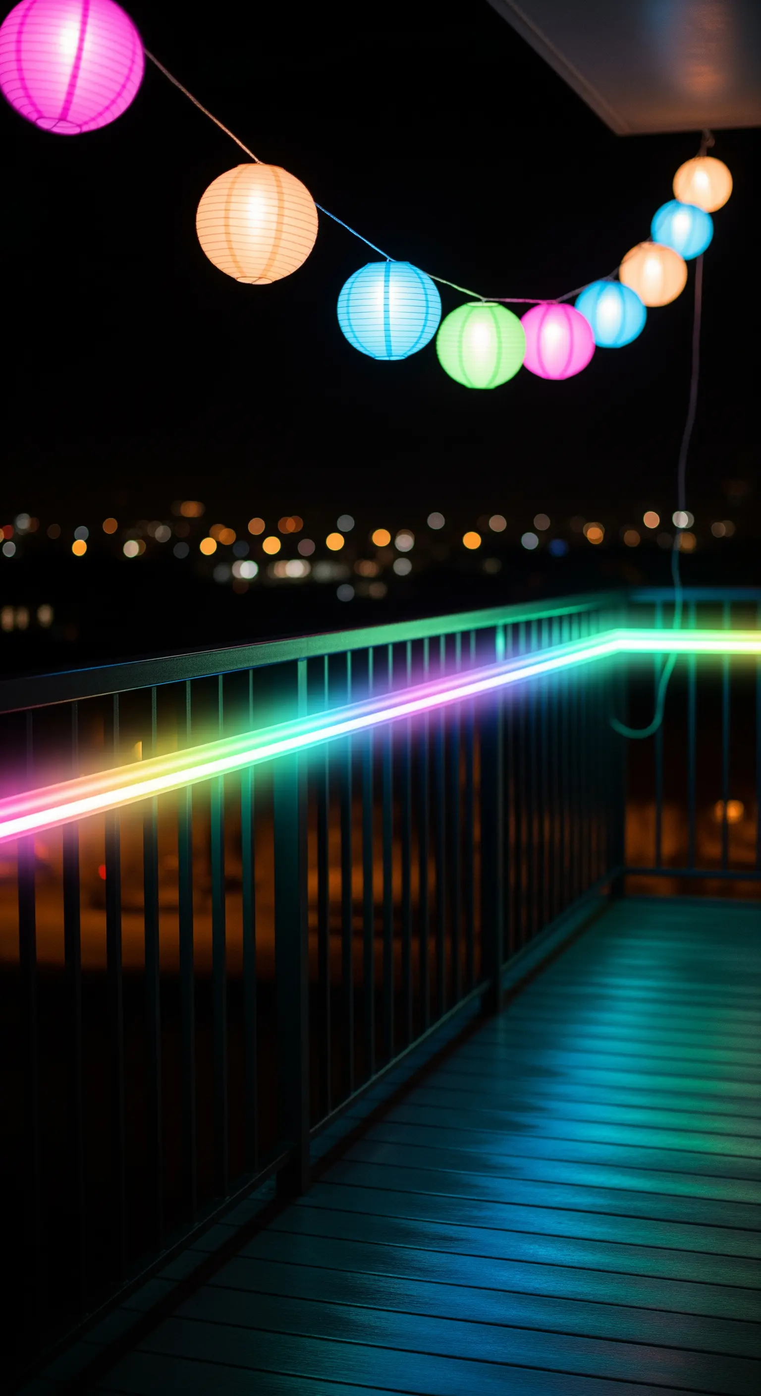 Ringhiera di un balcone illuminata da una striscia LED con effetto arcobaleno e lanterne colorate sospese