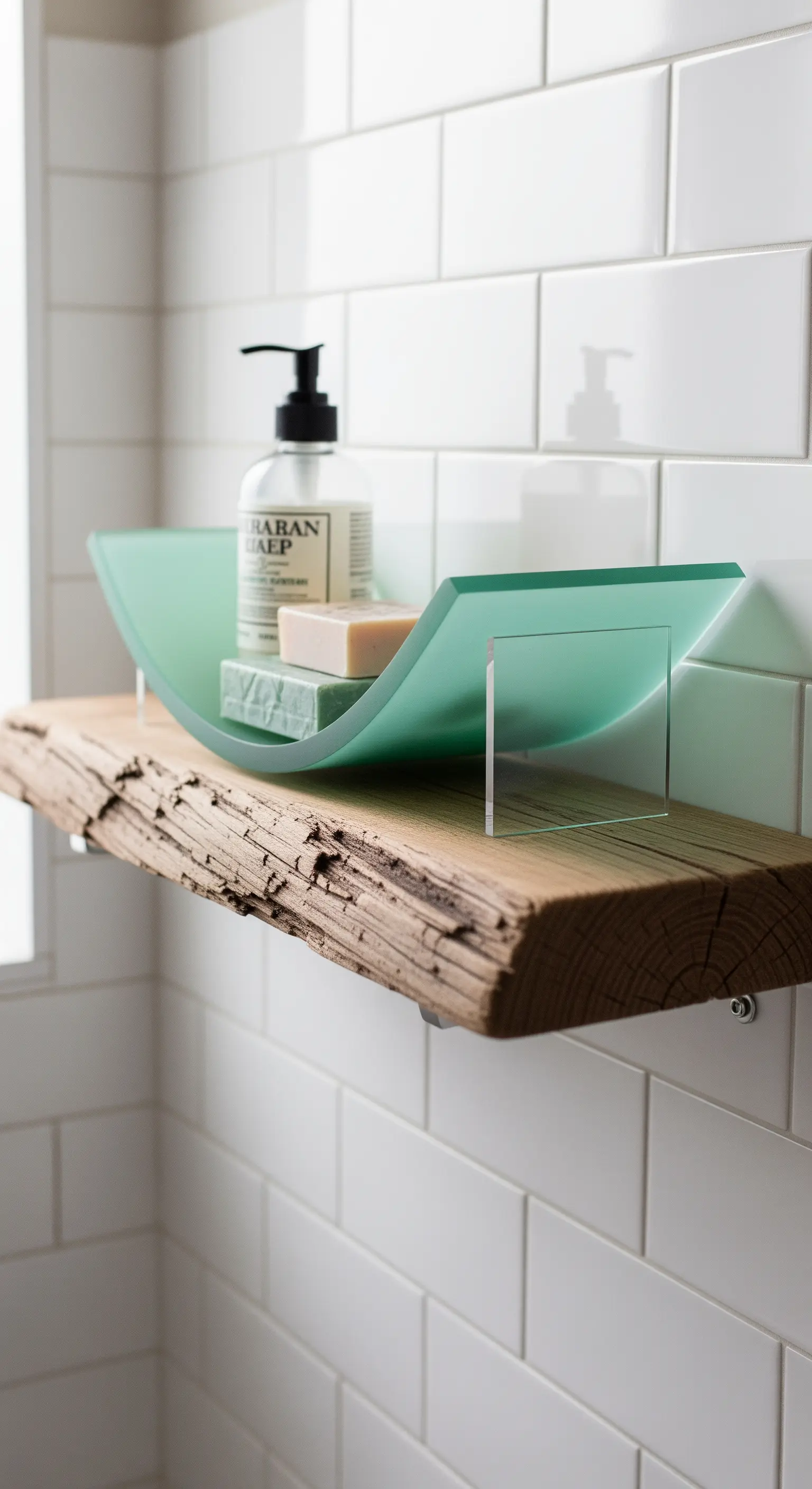 Mensola da bagno in legno grezzo con un supporto curvo in acrilico verde satinato.